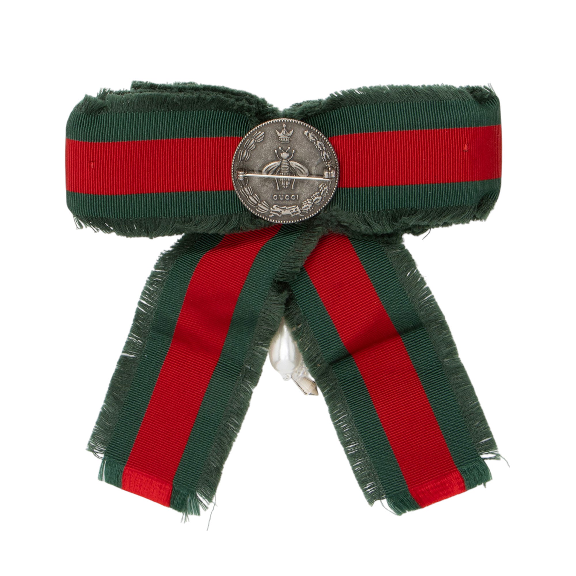 Gucci Grosgrain Web Pearl Crystal Bow Brooch (SHF-aRyihb)