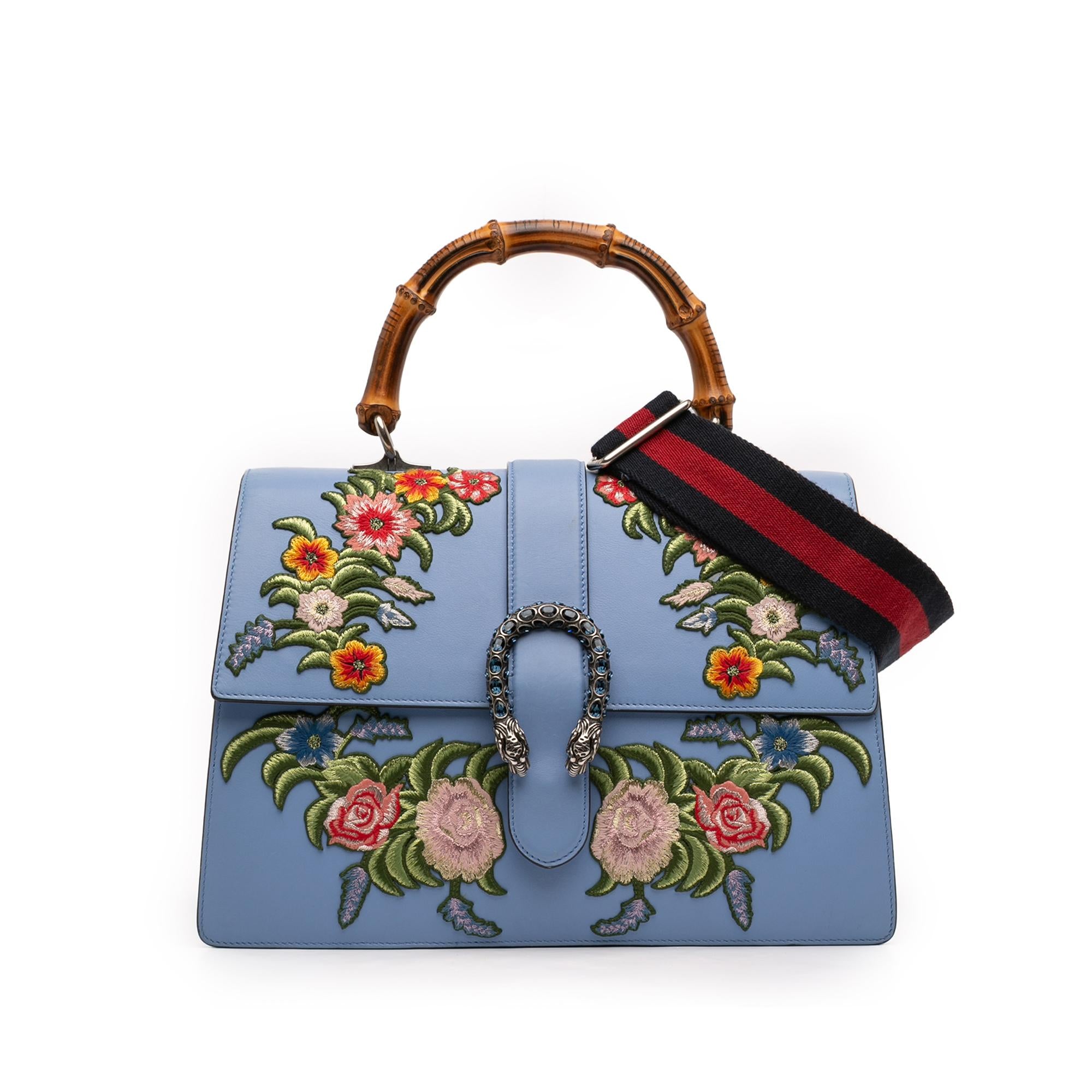 Gucci Large Calfskin Floral Embroidered Bamboo Dionysus Web Satchel