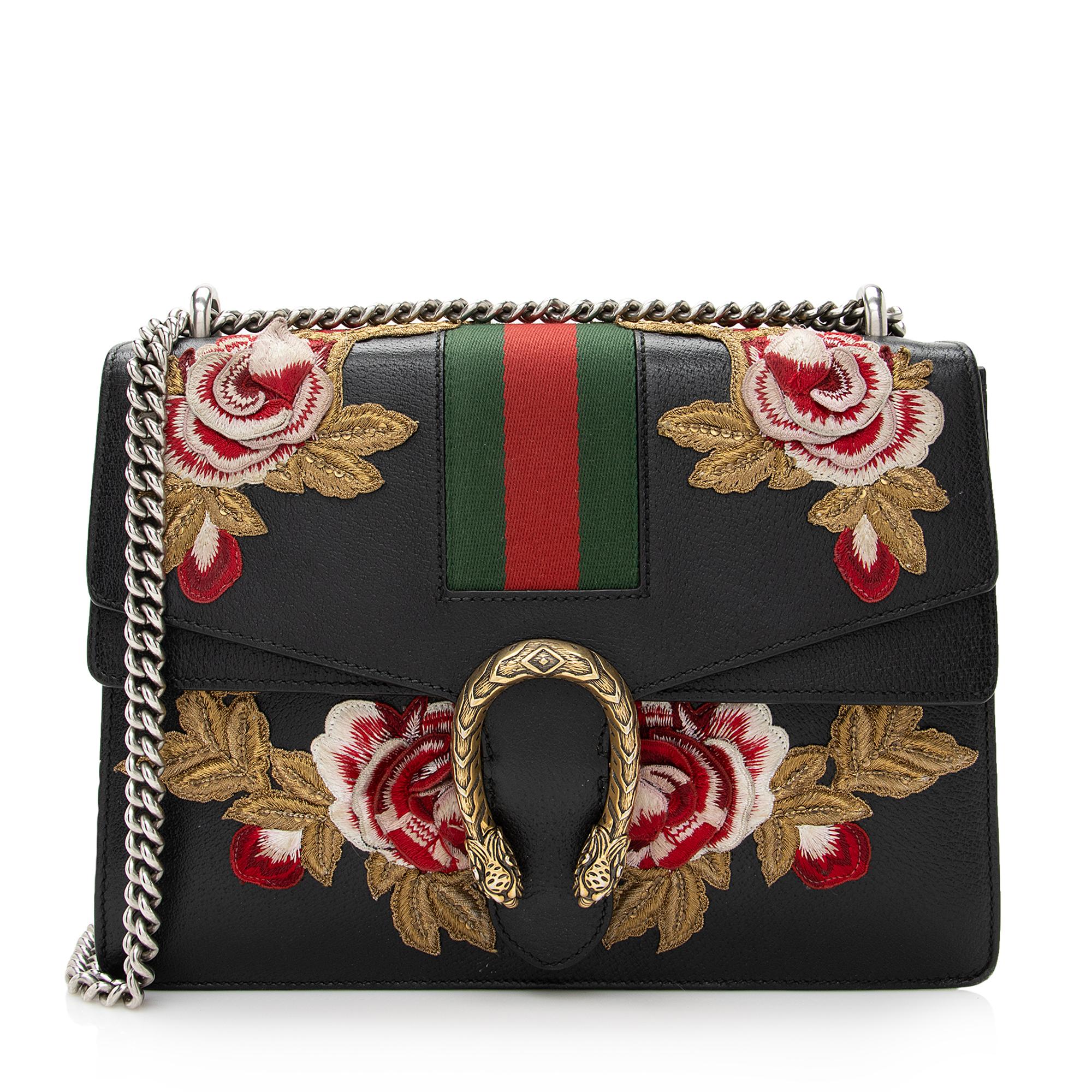Gucci Leather Embroidered Rose Dionysus Medium Shoulder Bag (SHF-22427