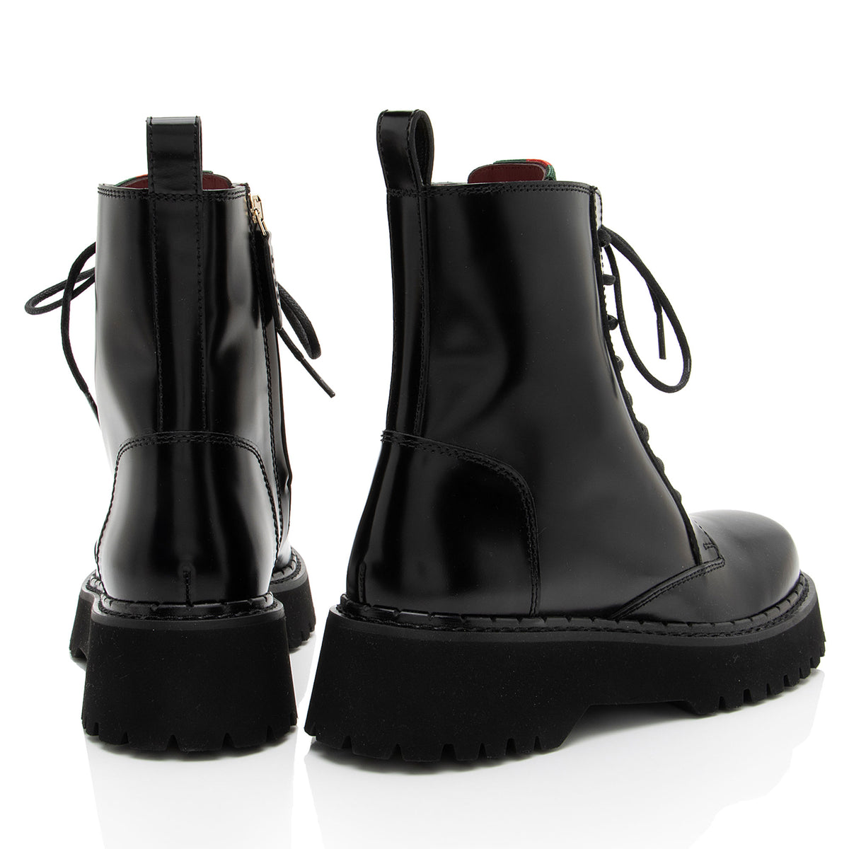 Gucci Leather Web Thea Combat Boots - Size 8 / 38
