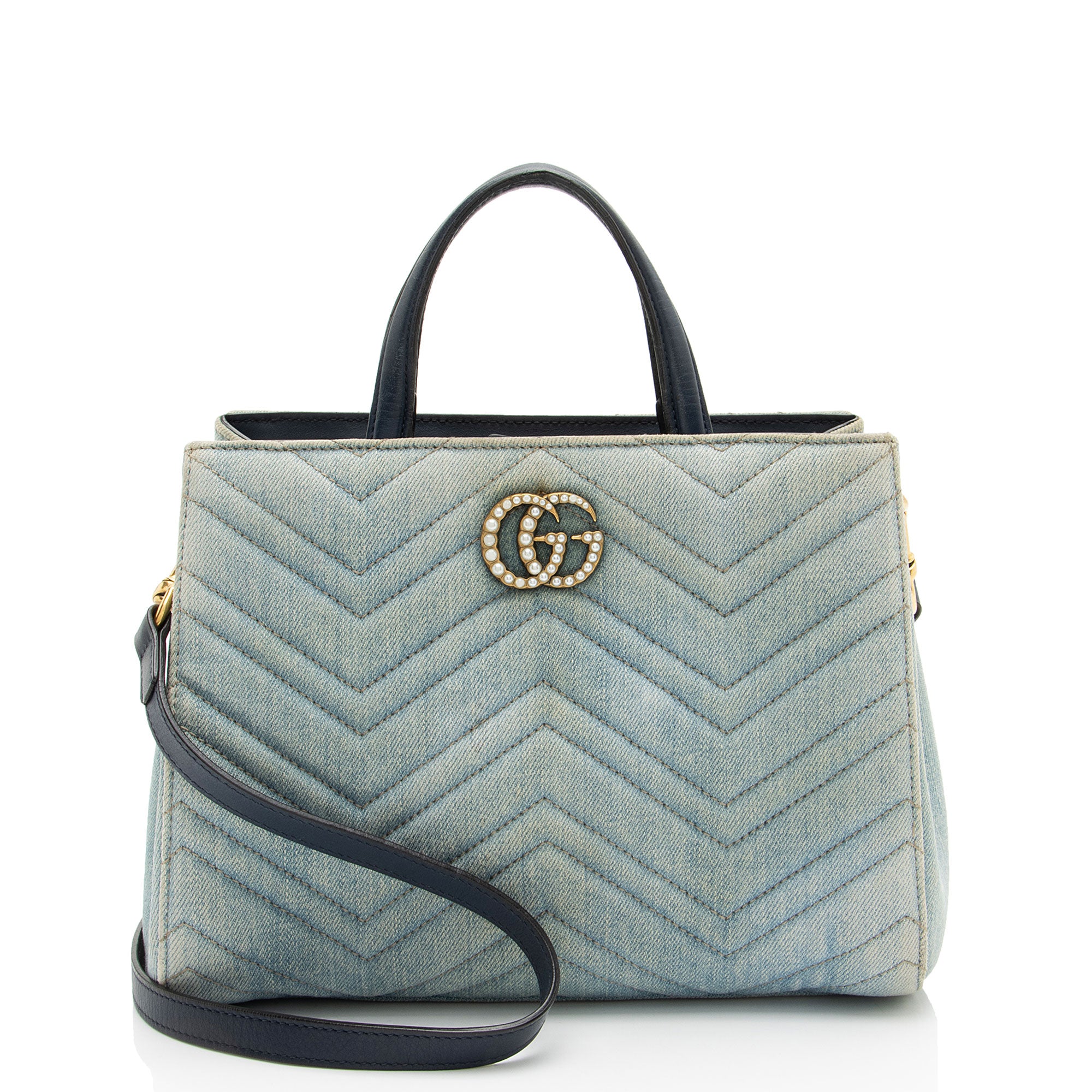 Gucci Matelasse Denim Pearl GG Marmont Small Tote