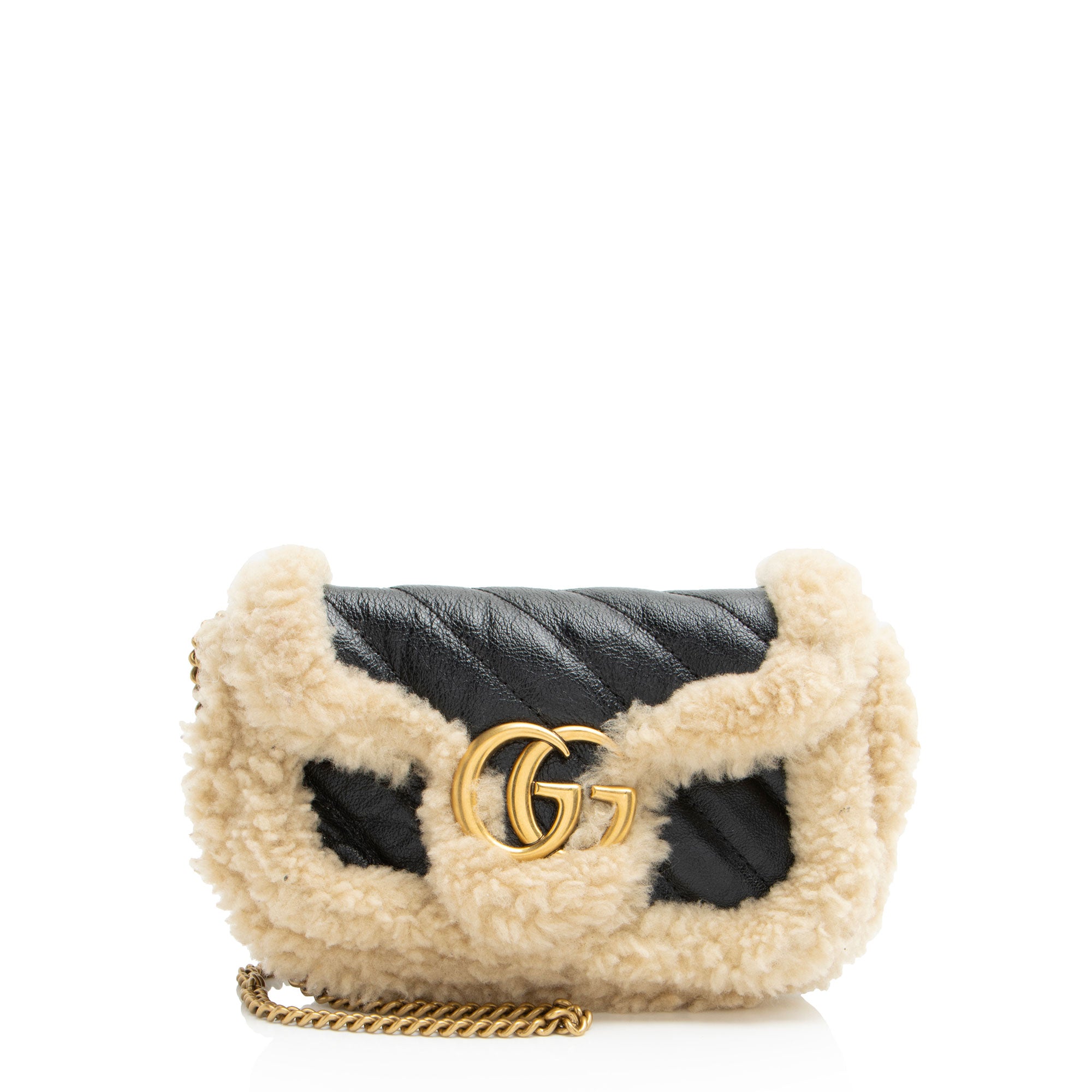 Gucci Matelasse Leather Shearling GG Marmont Super Mini Flap Bag