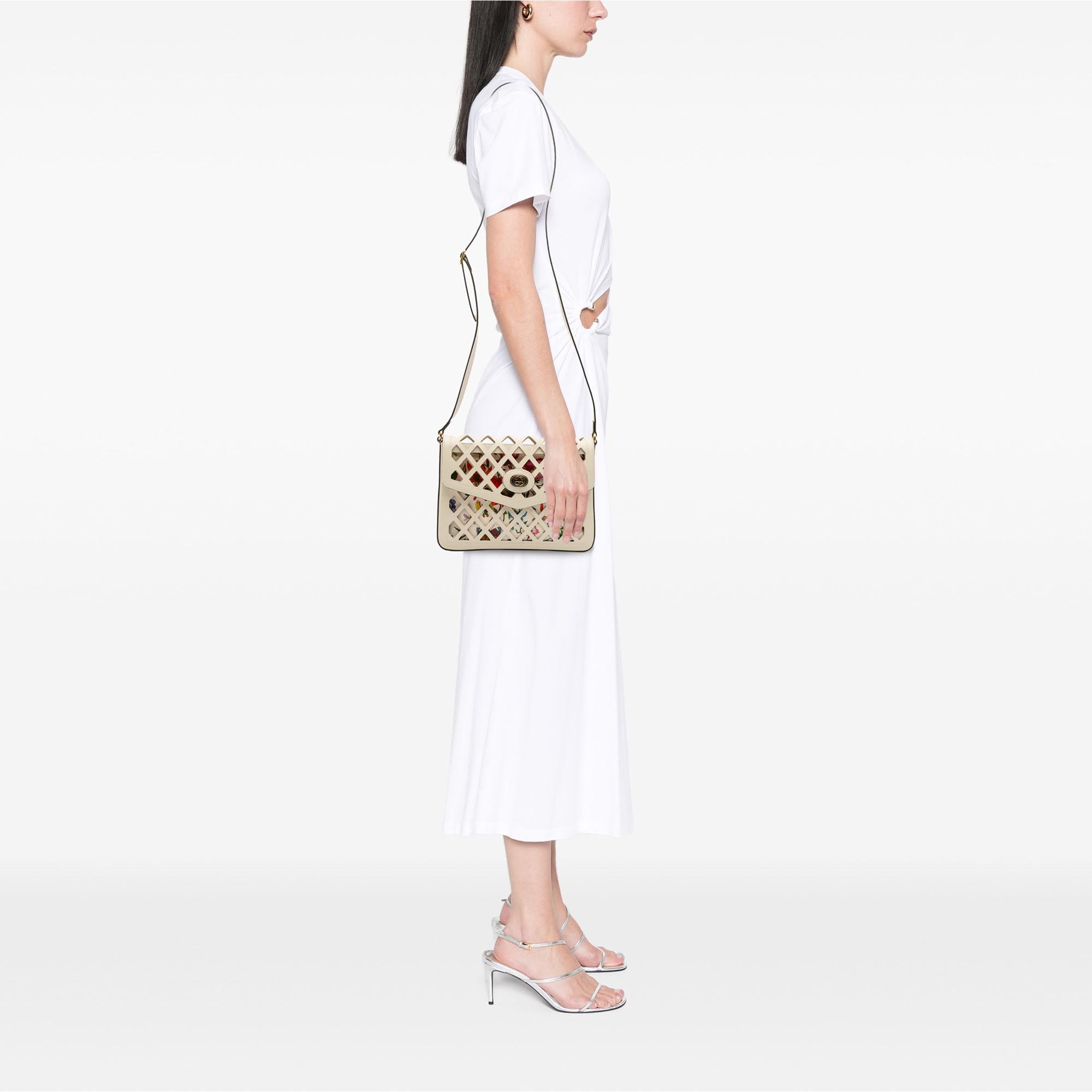 Gucci Medium Cutout Leather and Flora Canvas Traforata Flap Crossbody
