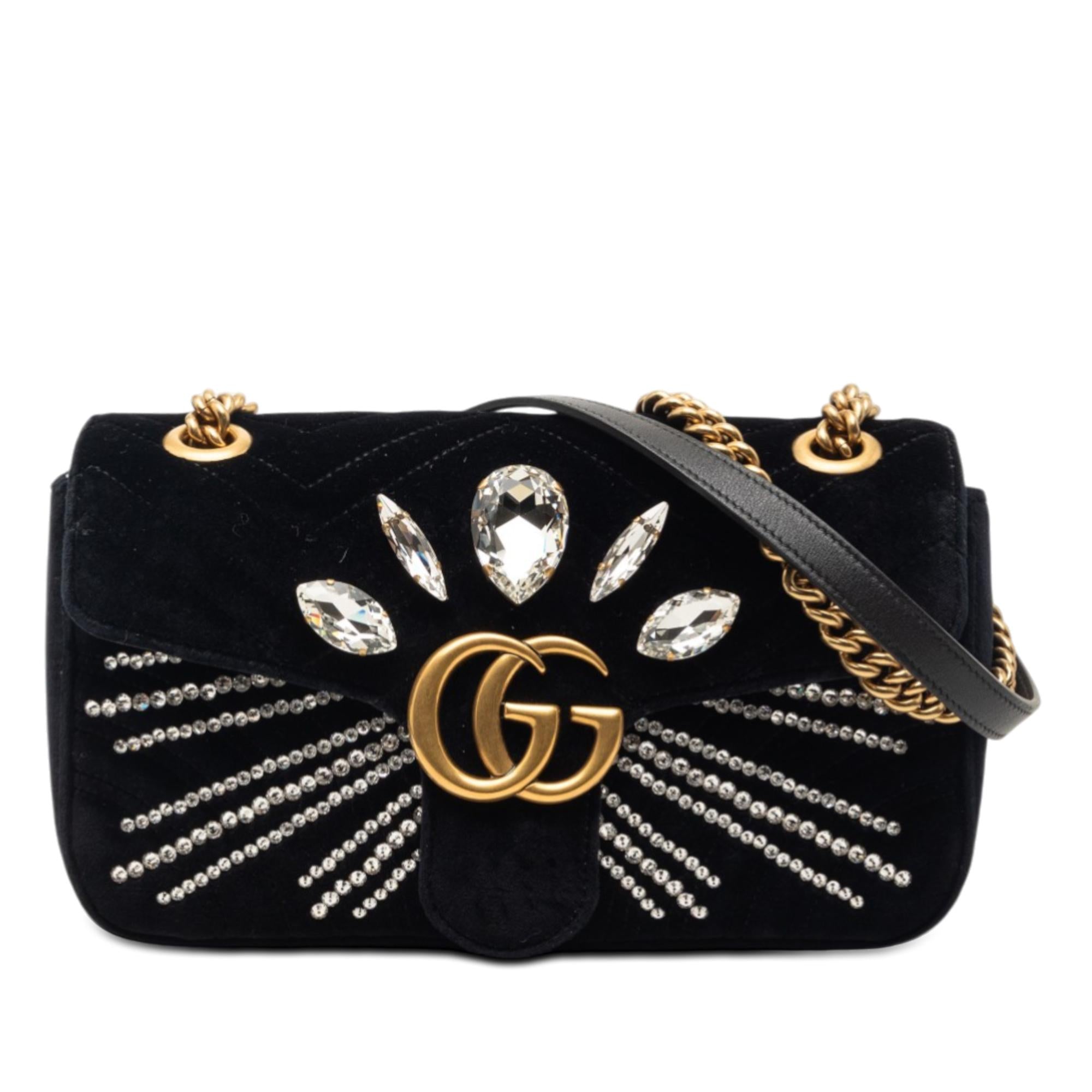 Gucci Medium GG Marmont Matelasse Velvet Crystal Embellished Shoulder Bag
