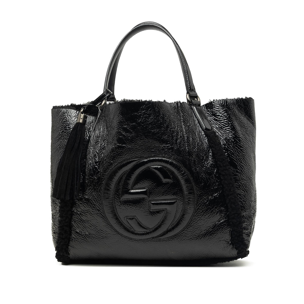 Gucci Medium Shearling Trimmed Patent Soho Cellarius Tote