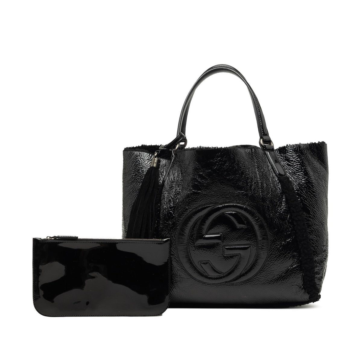Gucci Medium Shearling Trimmed Patent Soho Cellarius Tote