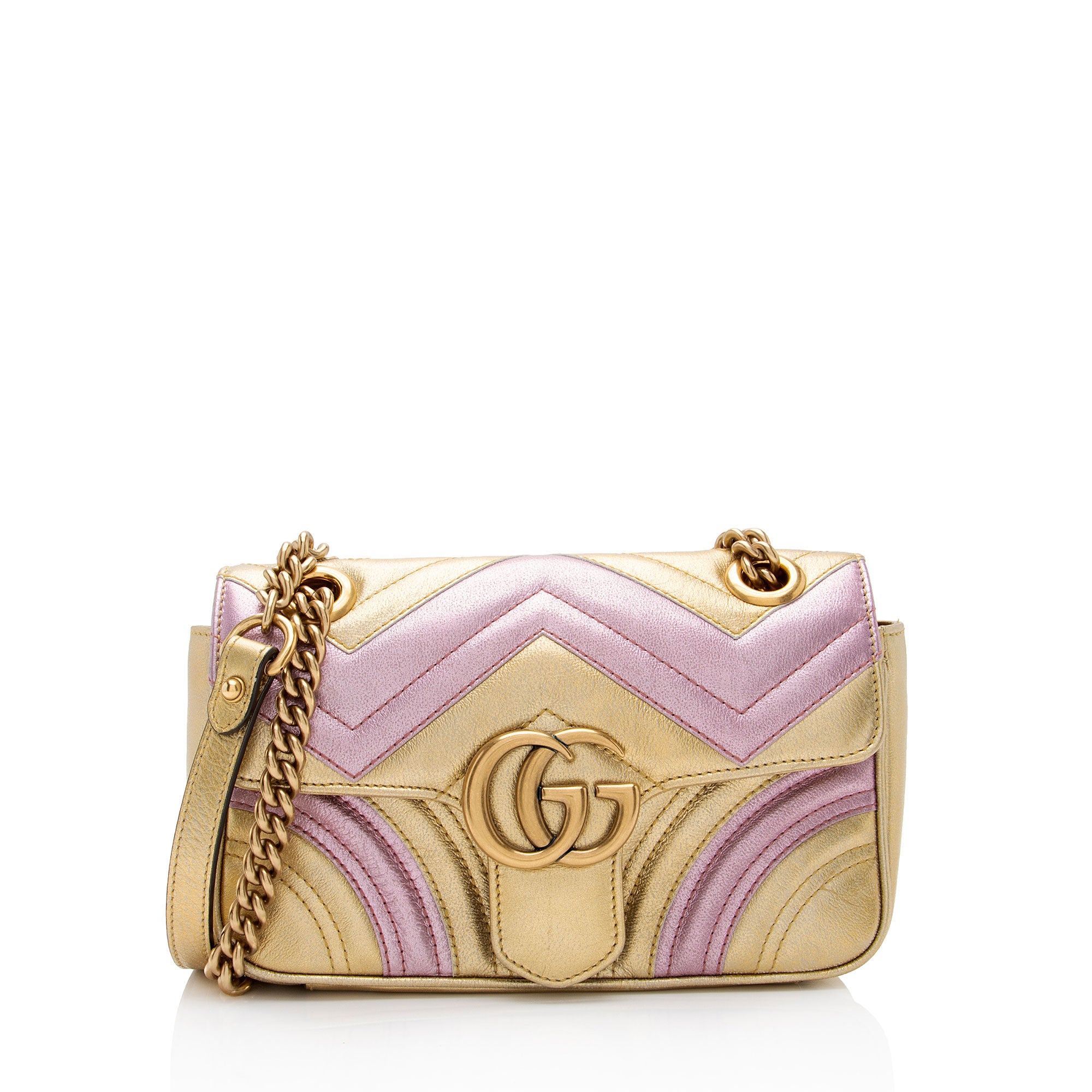 Gucci Metallic Matelasse Leather GG Marmont Mini Flap Shoulder Bag (SHF-6l0XWs)