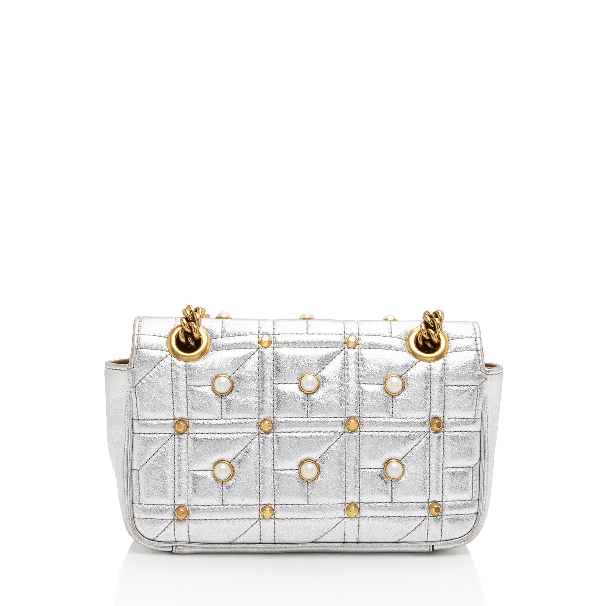 Gucci Metallic Matelasse Leather Pearl GG Marmont Mini Flap Bag (SHF-PMv358)