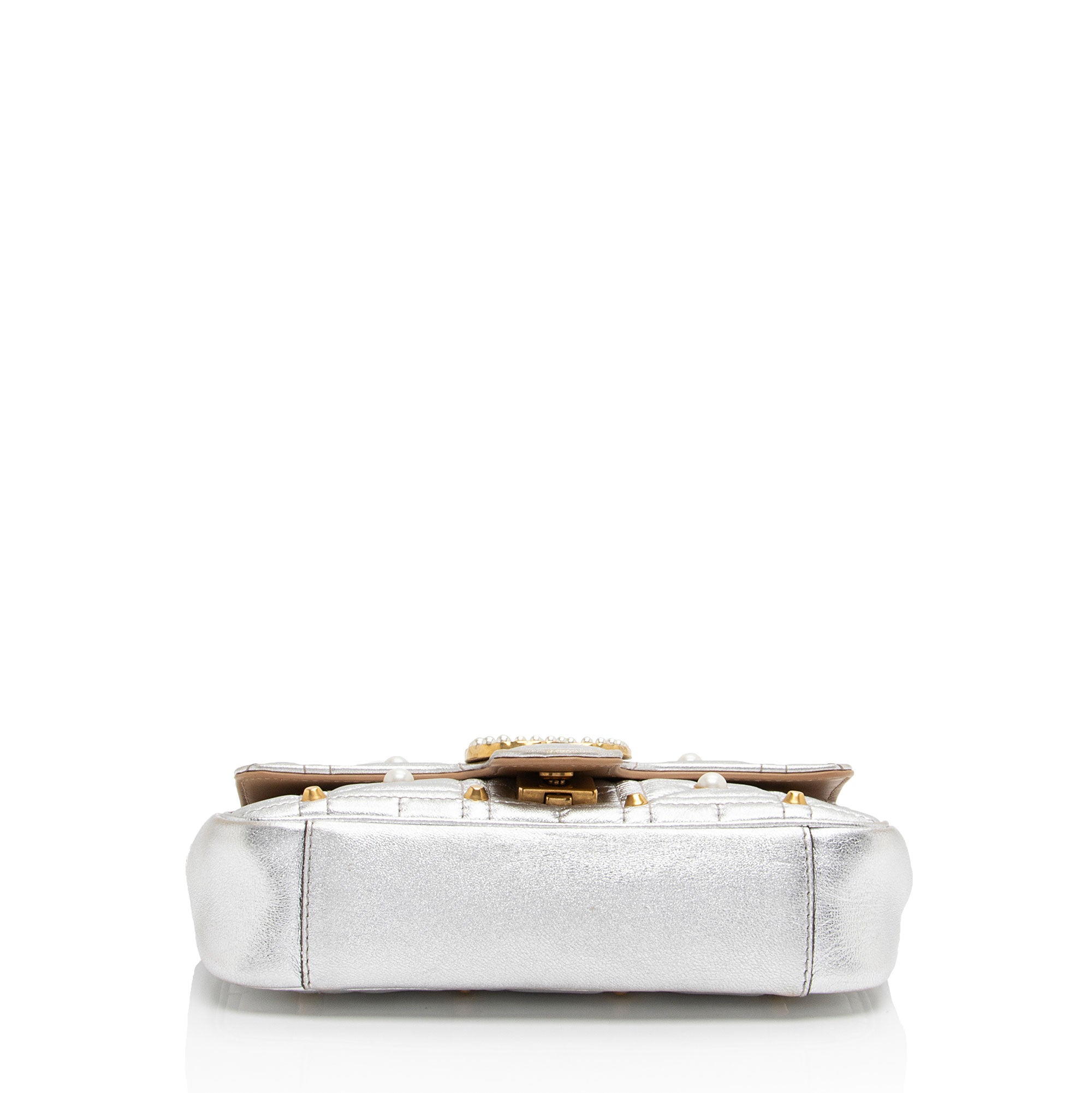 Gucci Metallic Matelasse Leather Pearl GG Marmont Mini Flap Bag (SHF-PMv358)