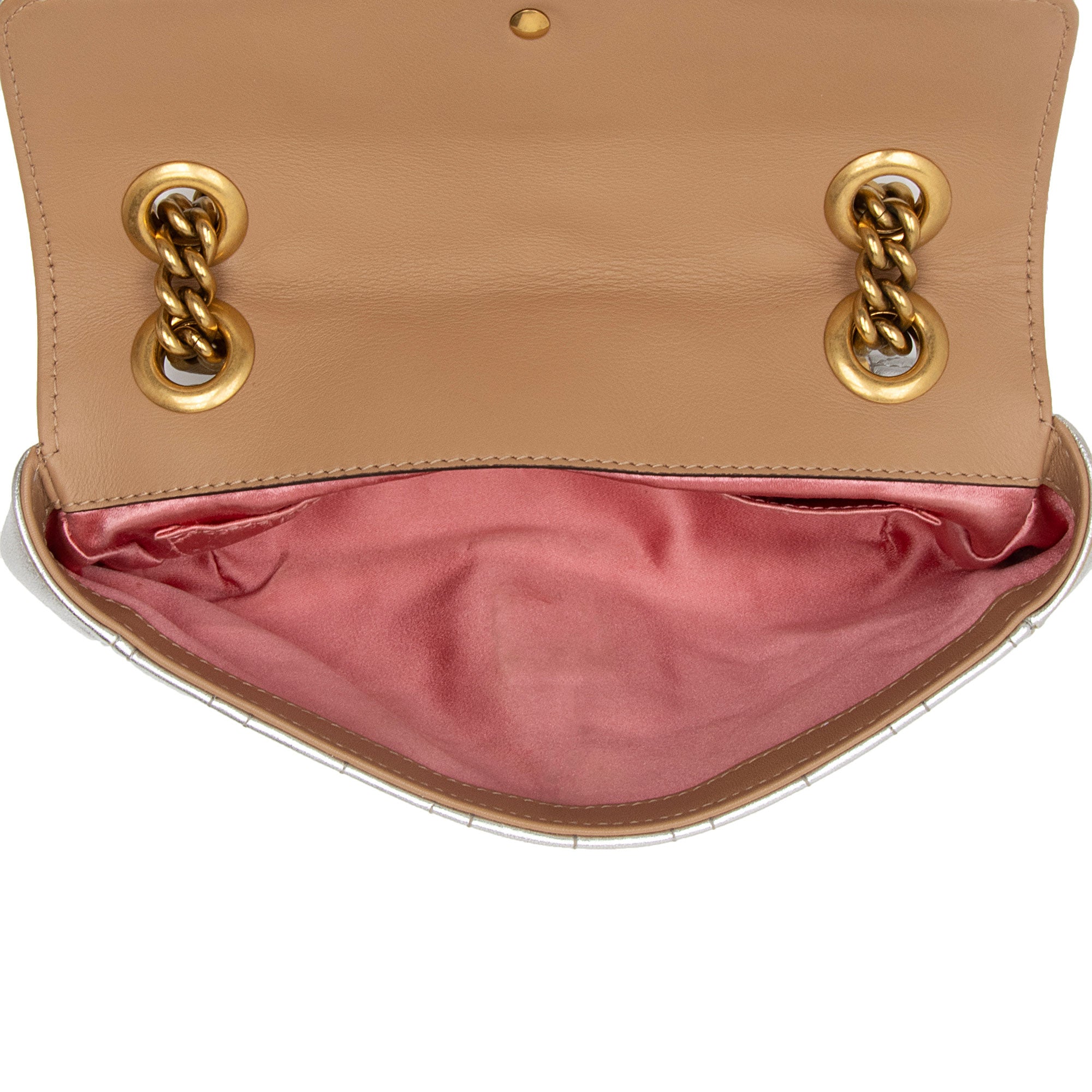 Gucci Metallic Matelasse Leather Pearl GG Marmont Mini Flap Bag (SHF-PMv358)