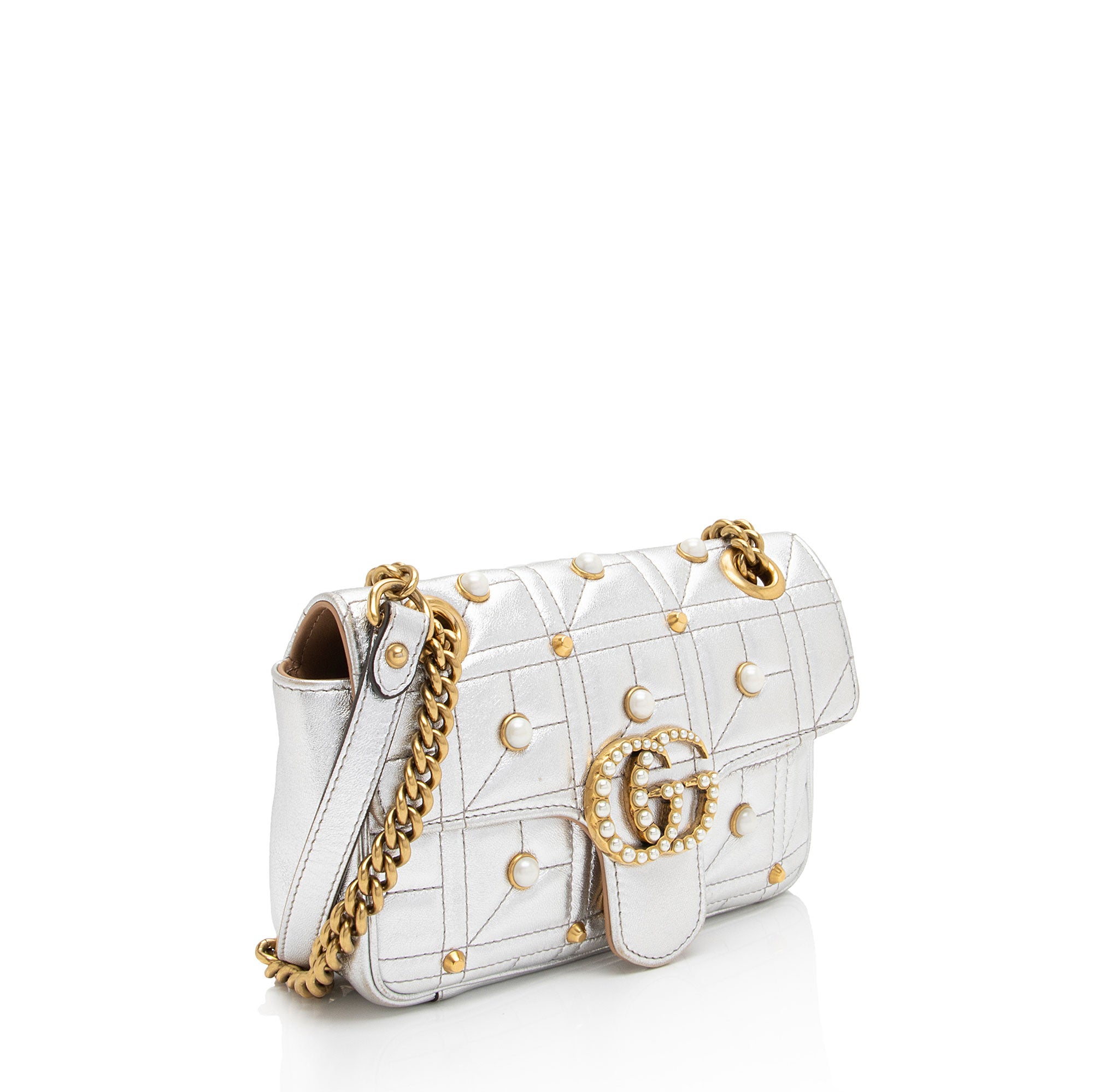 Gucci Metallic Matelasse Leather Pearl GG Marmont Mini Flap Bag (SHF-PMv358)