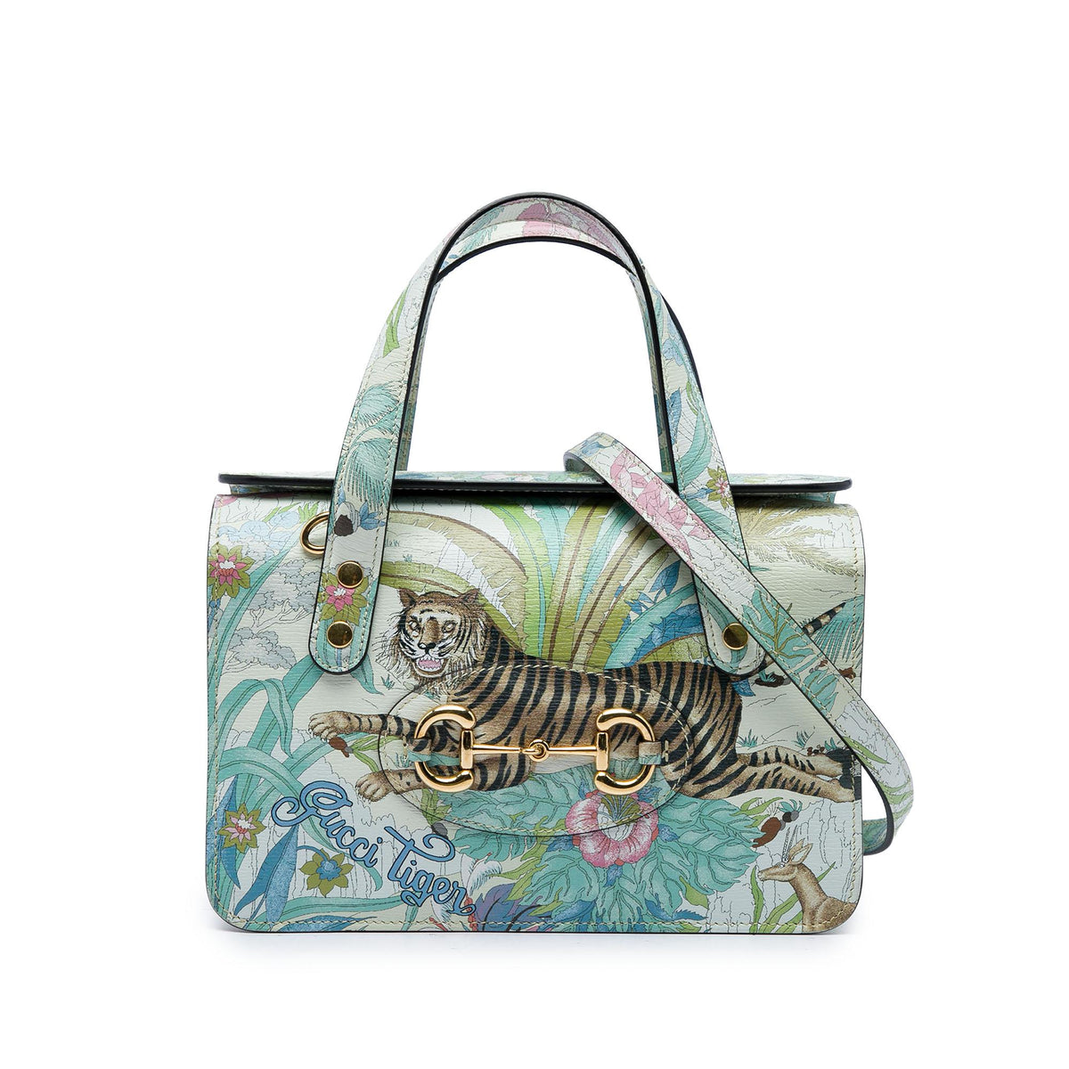 Gucci New Shangai Mini Calfskin Tiger Horsebit 1955 Foldover Top Handle Bag