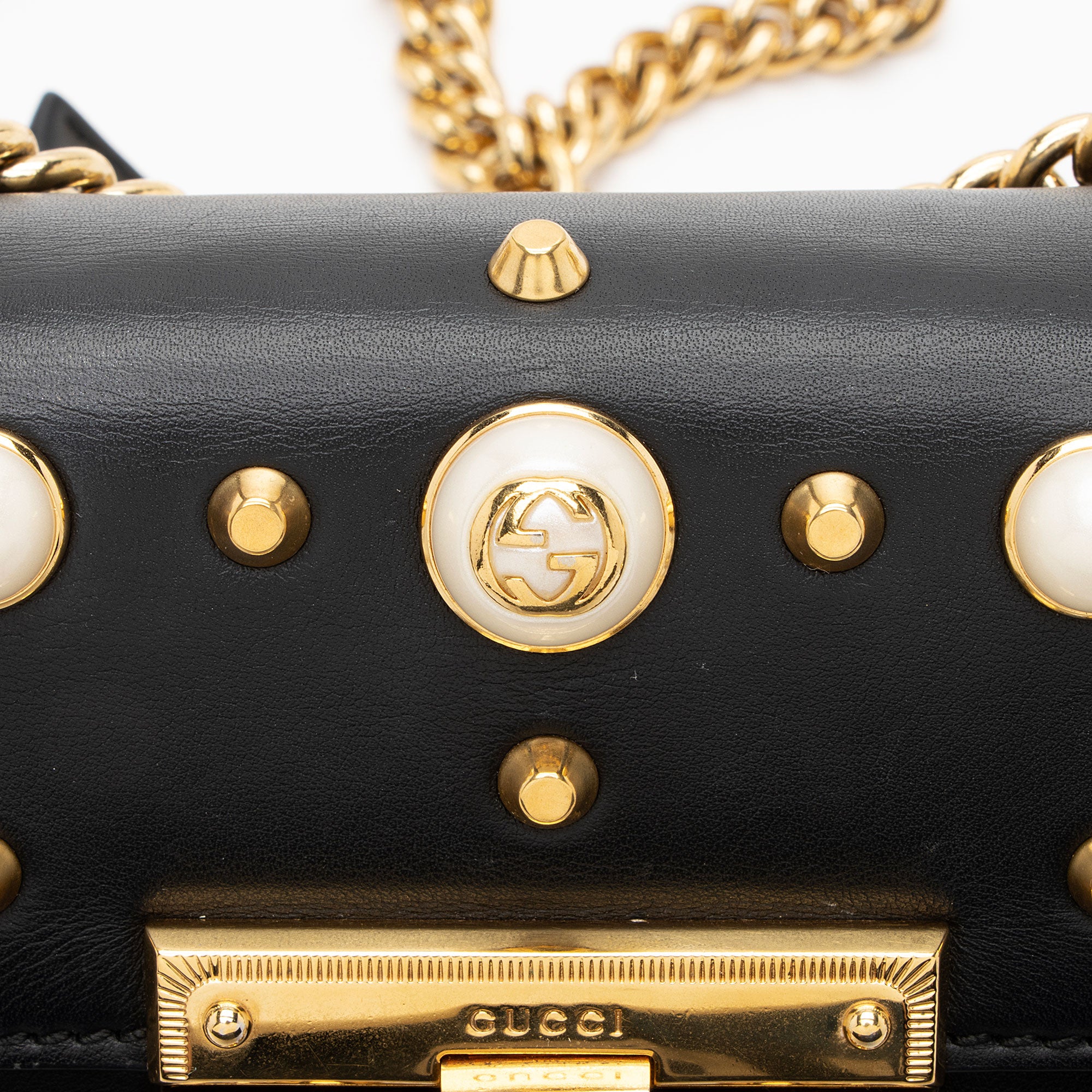 Gucci Pearl Embellished Leather Padlock Small Shoulder Bag