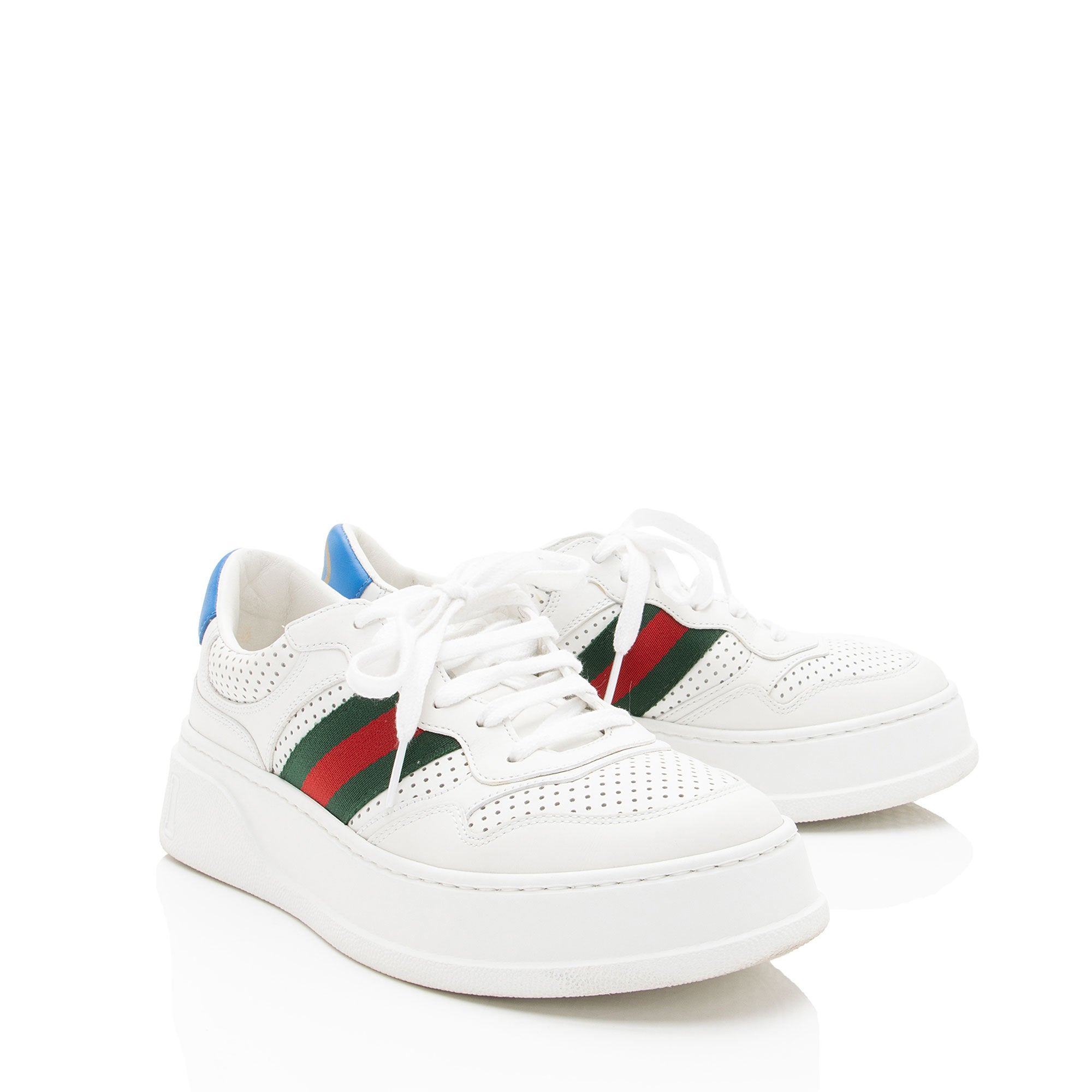 Gucci Perforated Leather Web Chunky B Sneakers - Size 8.5 / 38.5
