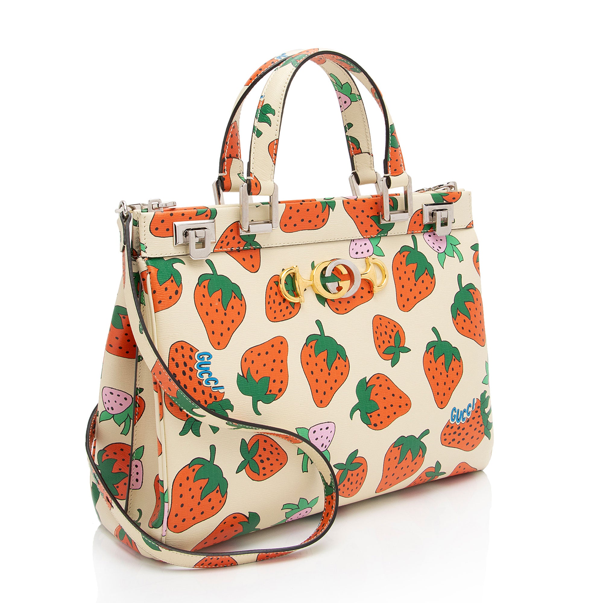 Gucci Printed Leather Strawberry Zumi Medium Tote (SHF-HJJ9pH)