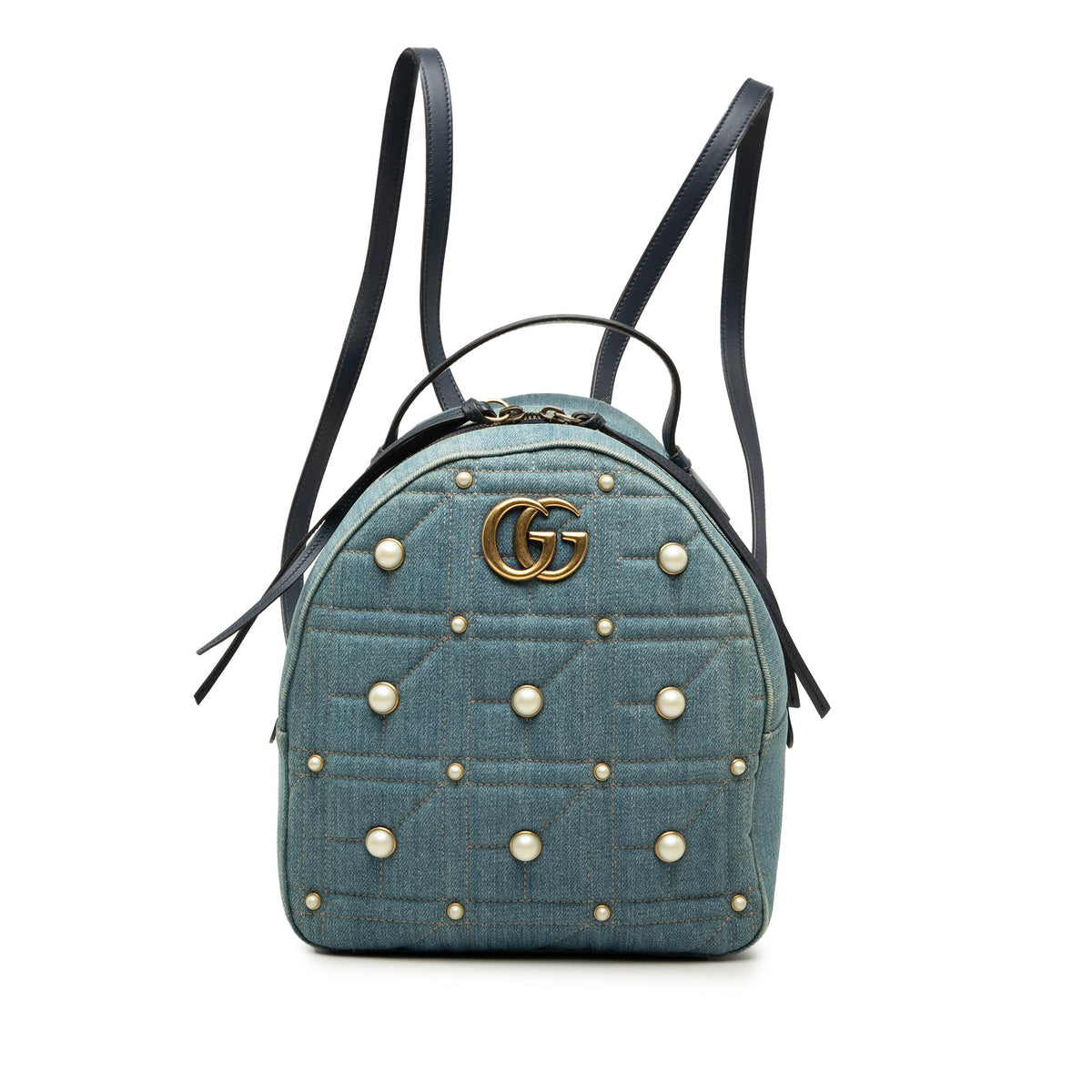 Gucci Small GG Marmont Pearl Studded Matelasse Denim Backpack