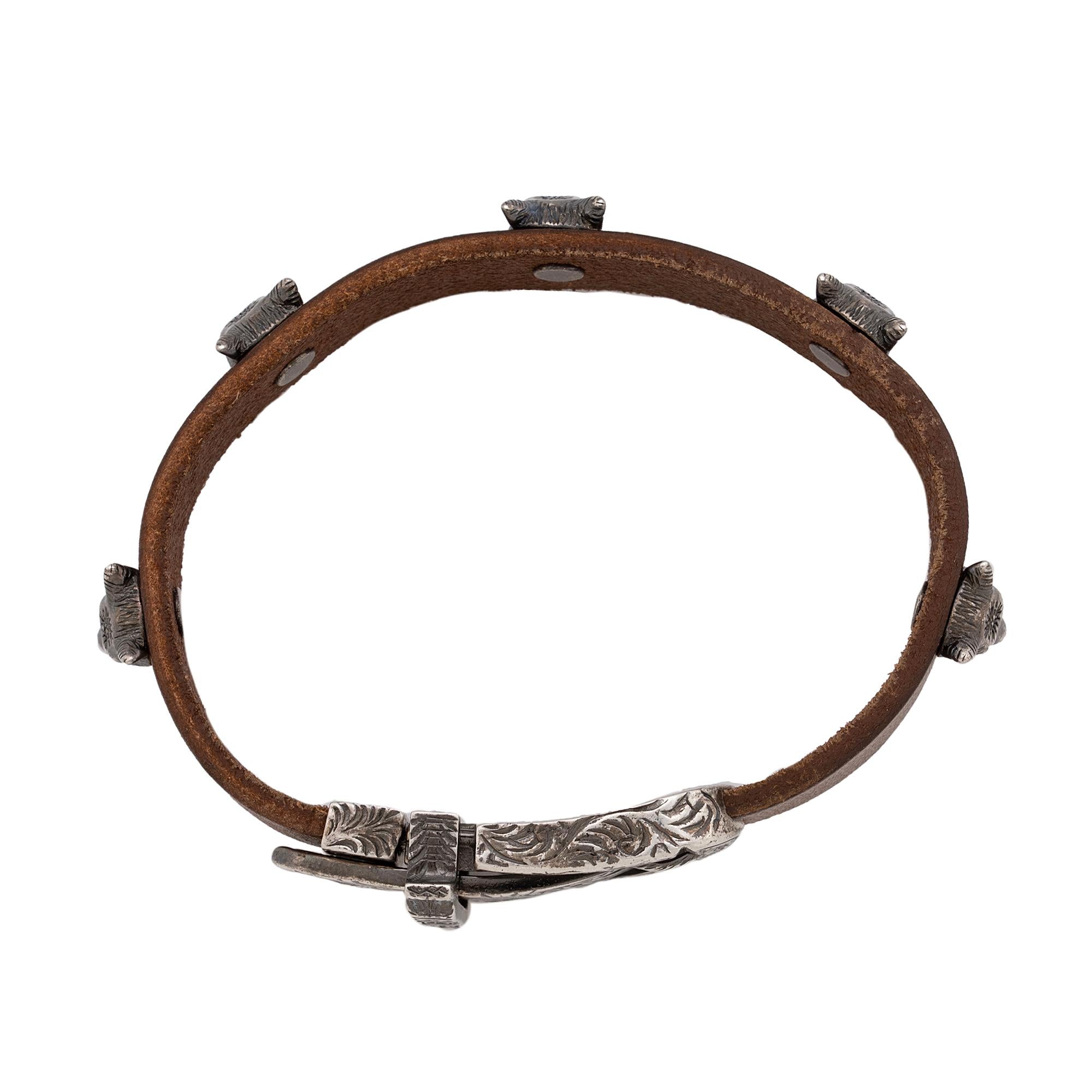 Gucci Sterling Silver Leather Anger Forest Wolf Buckle Bracelet (SHF-23012)