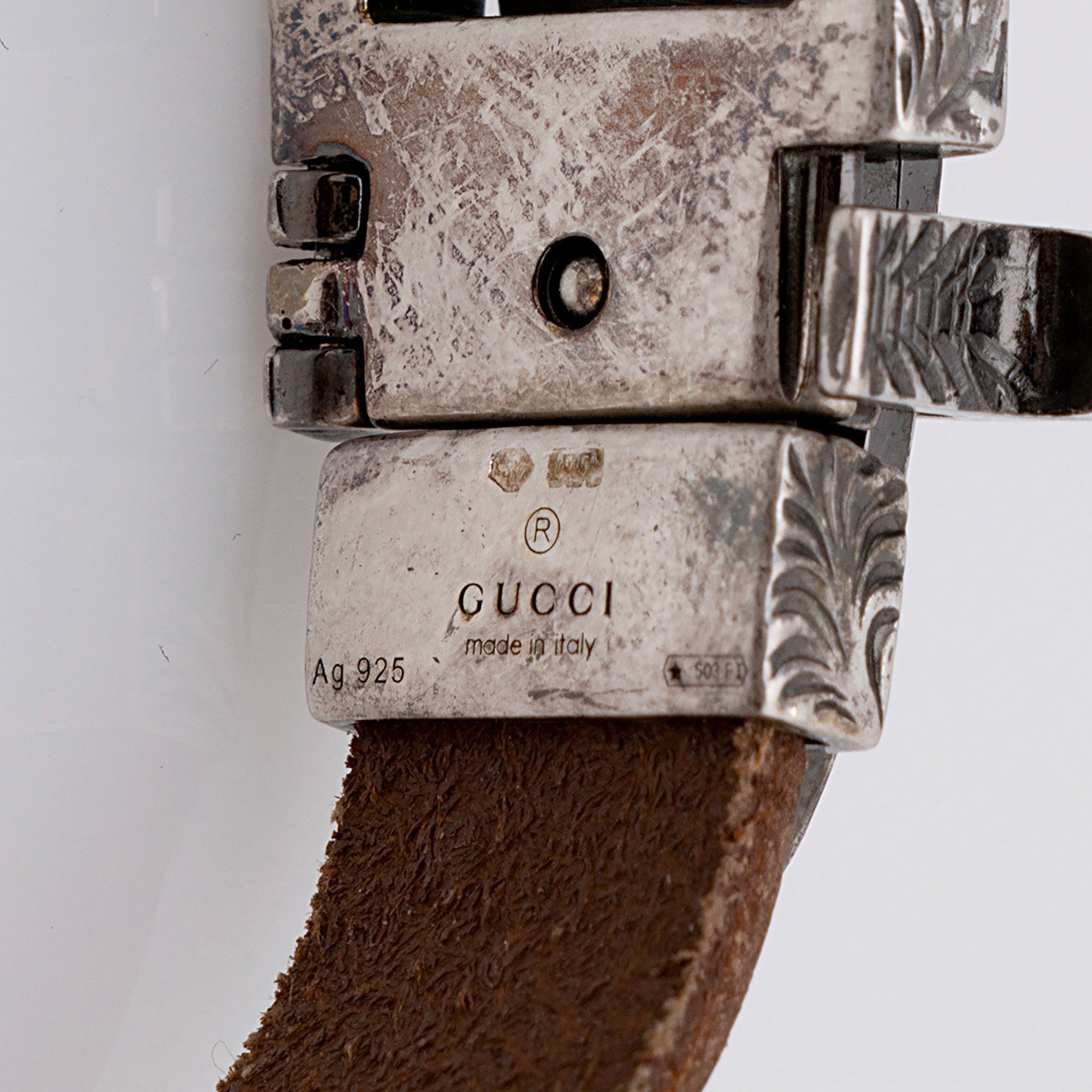 Gucci Sterling Silver Leather Anger Forest Wolf Buckle Bracelet (SHF-23012)