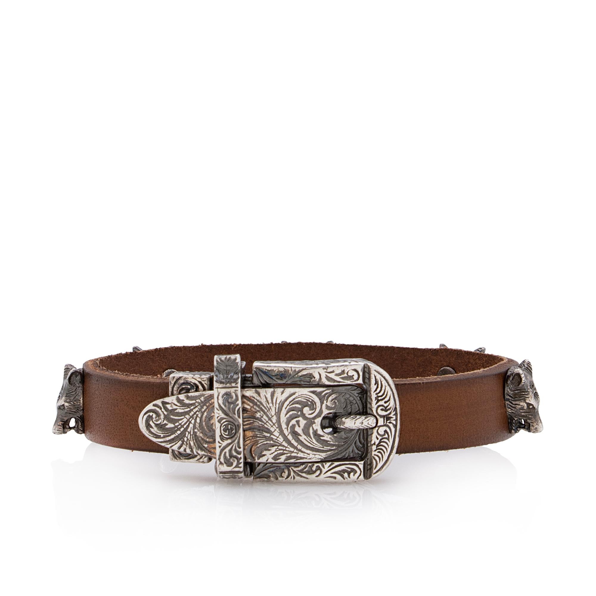 Gucci Sterling Silver Leather Anger Forest Wolf Buckle Bracelet (SHF-23012)