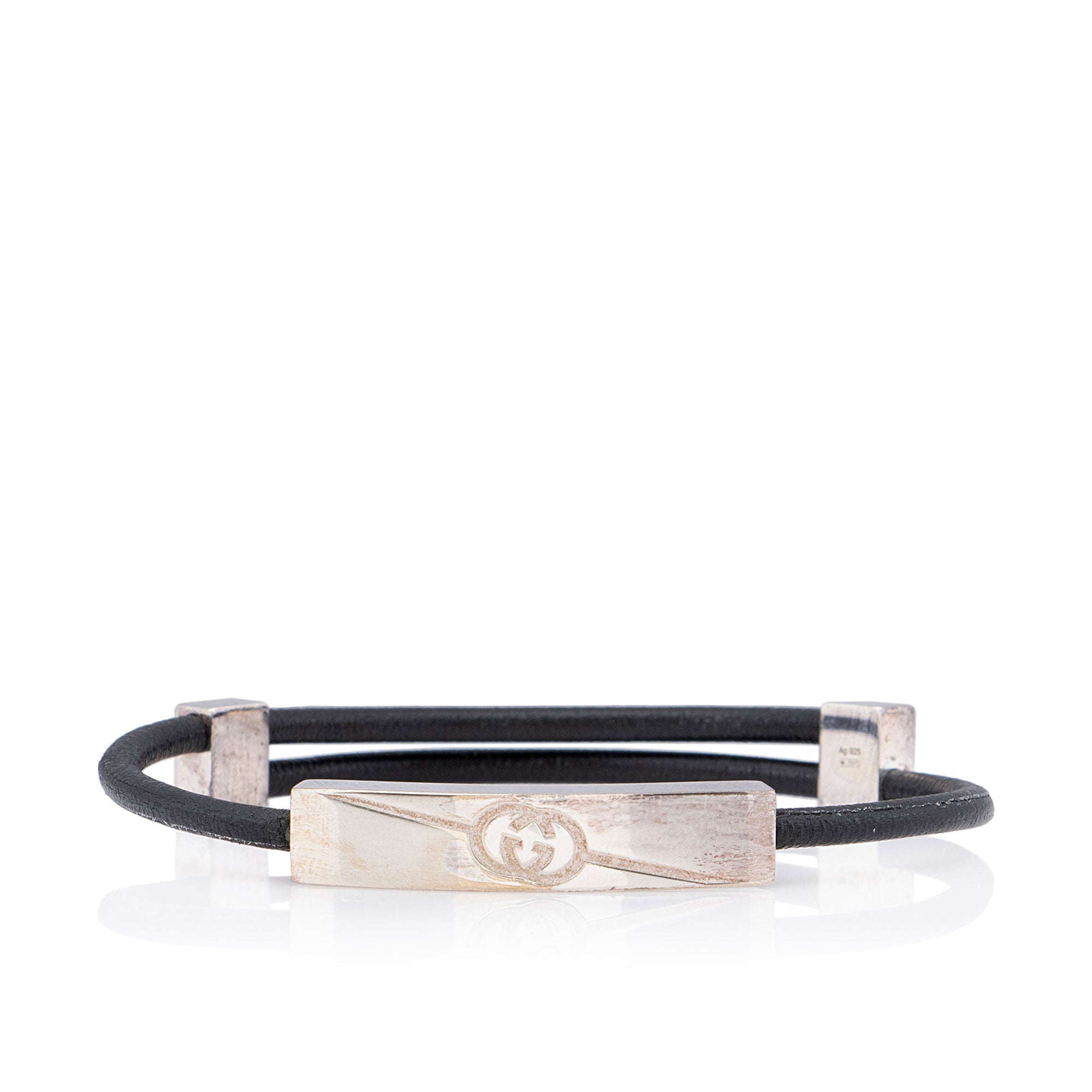 Gucci Sterling Silver Leather Interlocking G Tag Bracelet