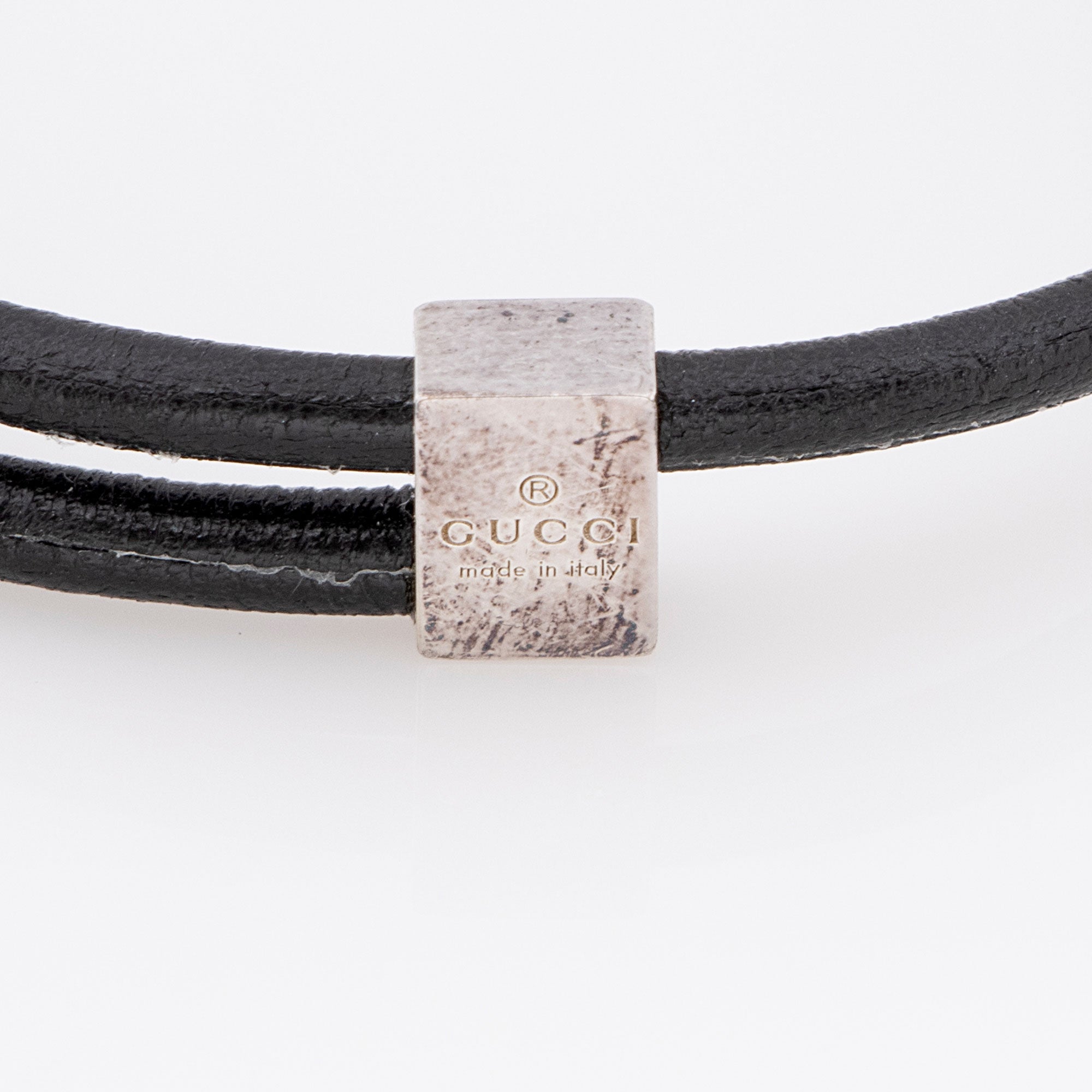 Gucci Sterling Silver Leather Interlocking G Tag Bracelet