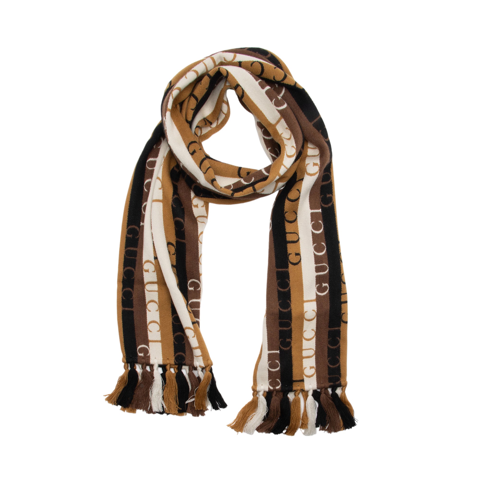 Gucci Wool Cotton Logo Wood Stripes Scarf (SHF-7qGmqB)
