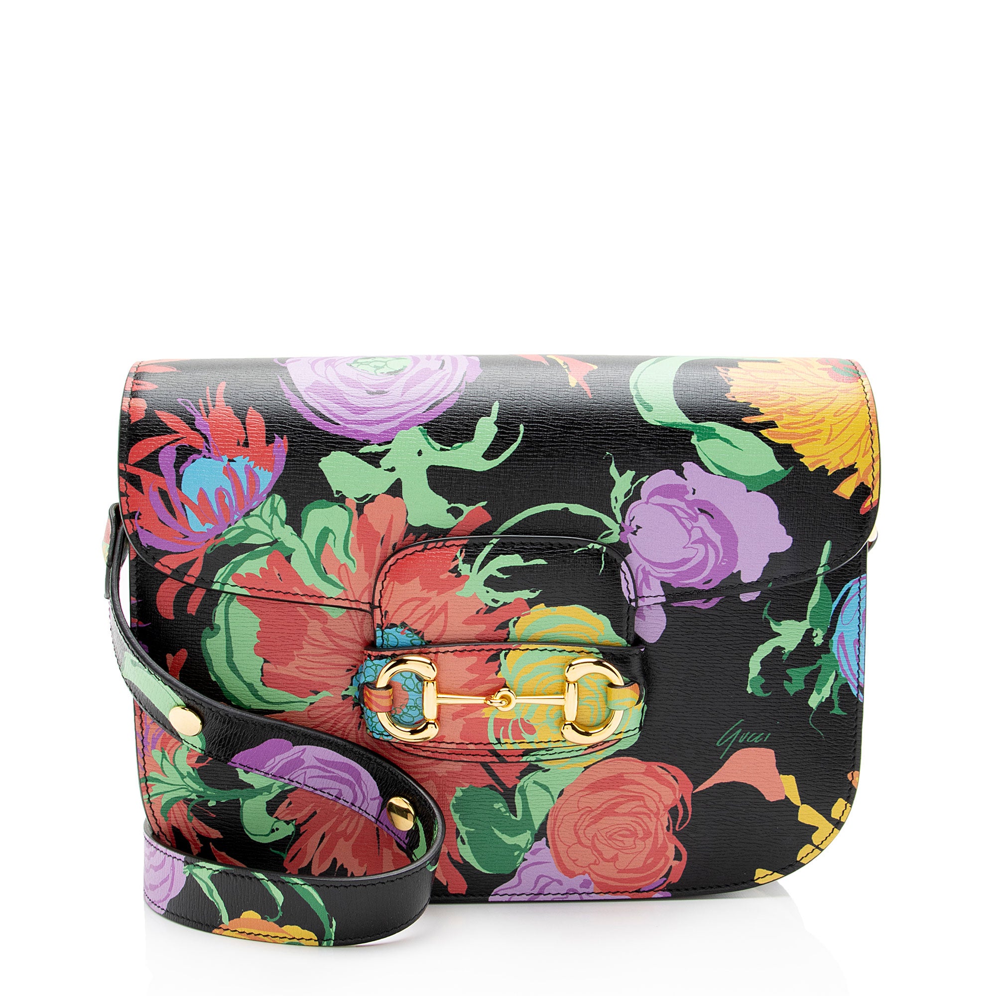 Gucci x Ken Scott Leather Floral Horsebit 1955 Medium Shoulder Bag
