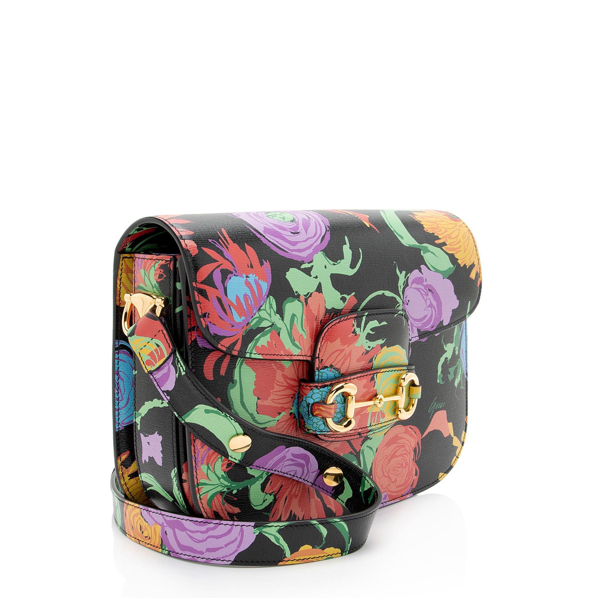 Gucci x Ken Scott Leather Floral Horsebit 1955 Medium Shoulder Bag