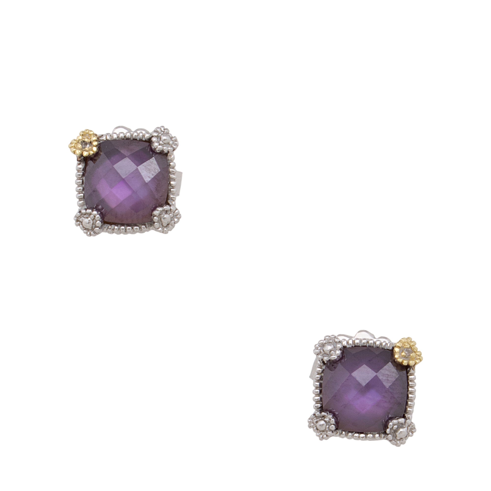 Judith Ripka Sterling Silver 18k Gold Diamond Amethyst Stud Earrings (SHF-xWXwkW)