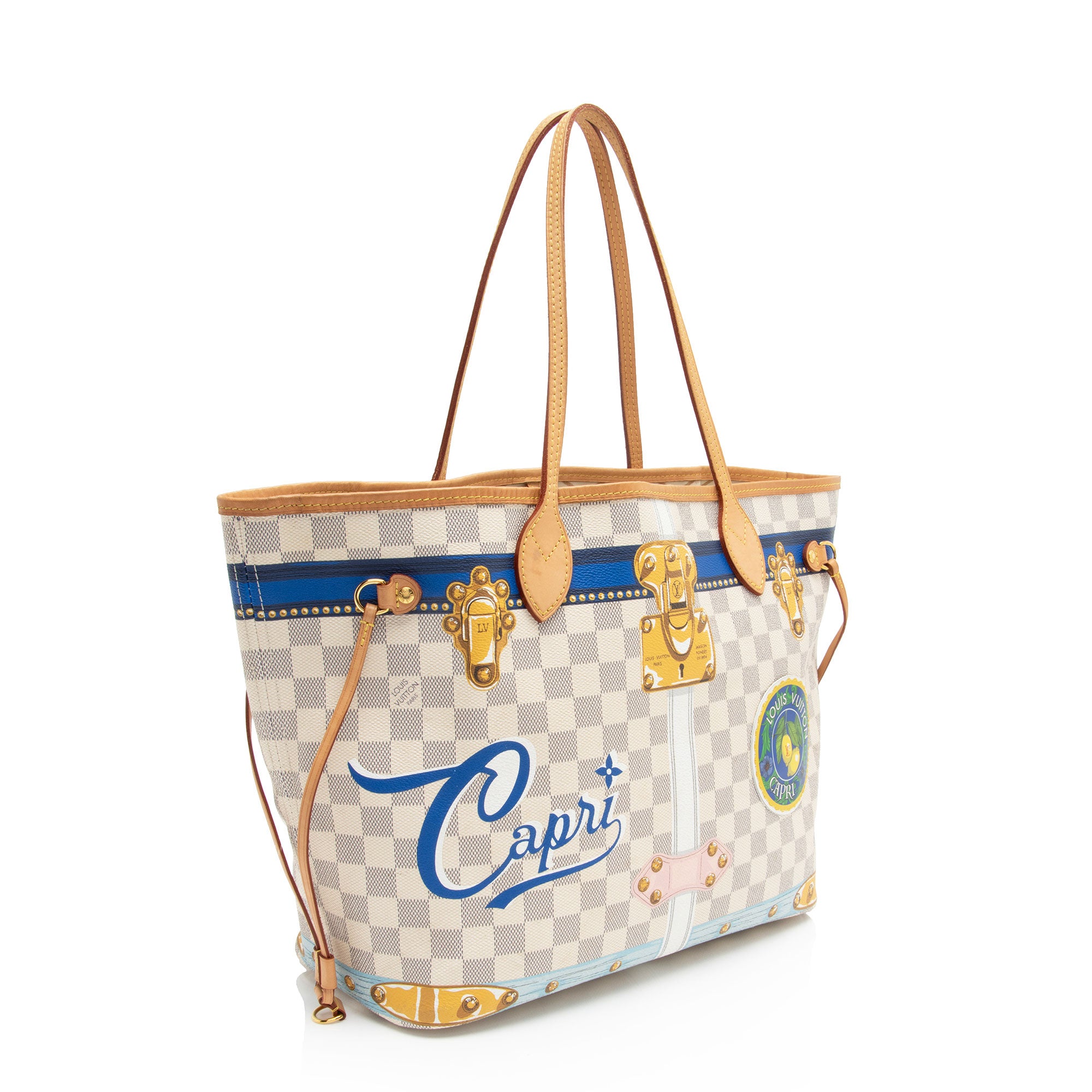 Louis Vuitton Limited Edition Damier Azur Summer Trunk Capri Neverfull MM Tote (SHF-hyU26o)