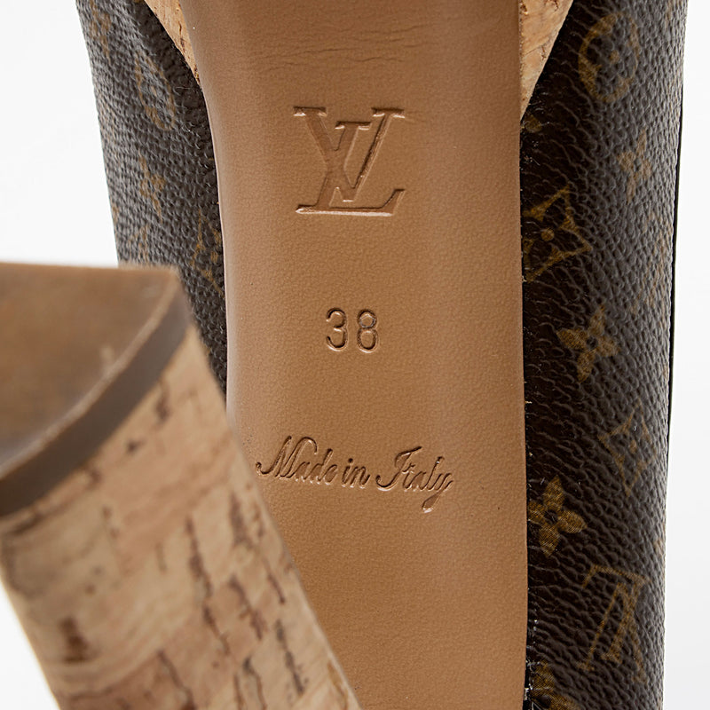 Louis Vuitton Monogram Canvas Cork Rivoli Peep Toe Platform Pumps - Size 8 / 38 (SHF-AnjXgu)