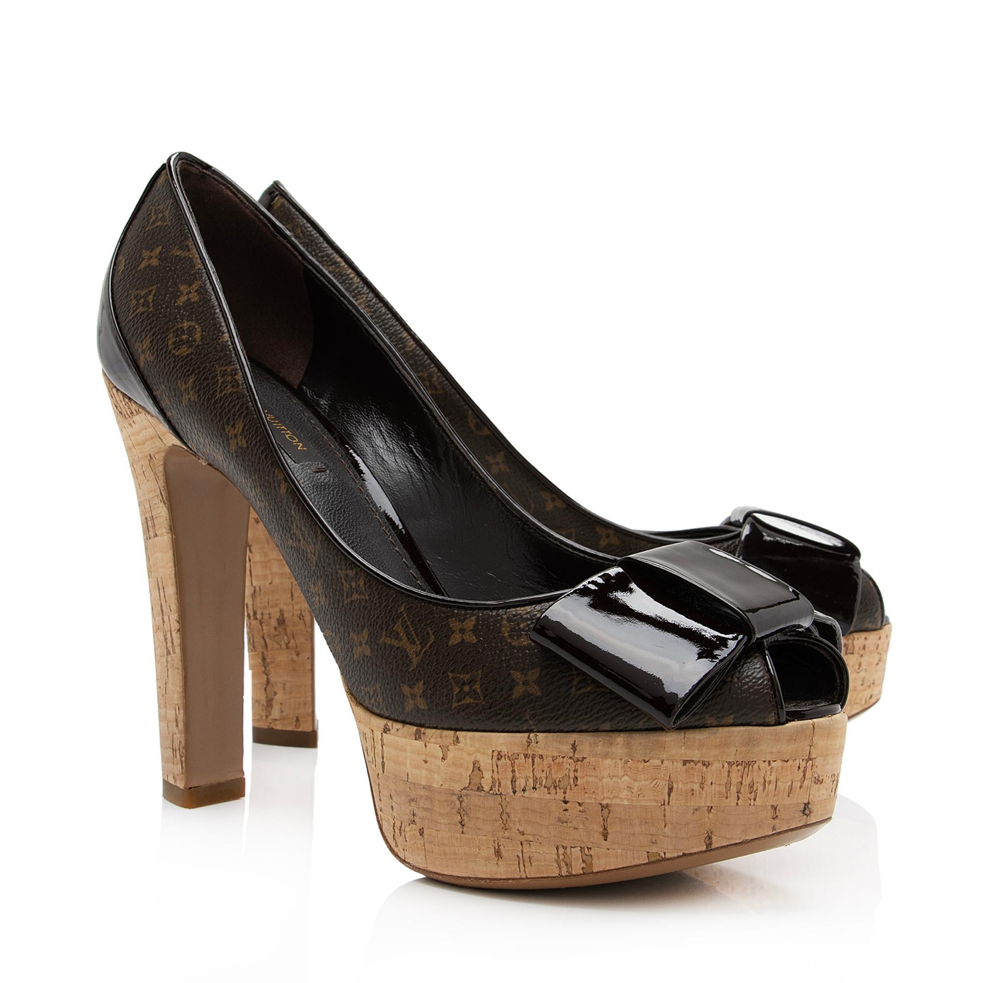 Louis Vuitton Monogram Canvas Cork Rivoli Peep Toe Platform Pumps - Size 8 / 38
