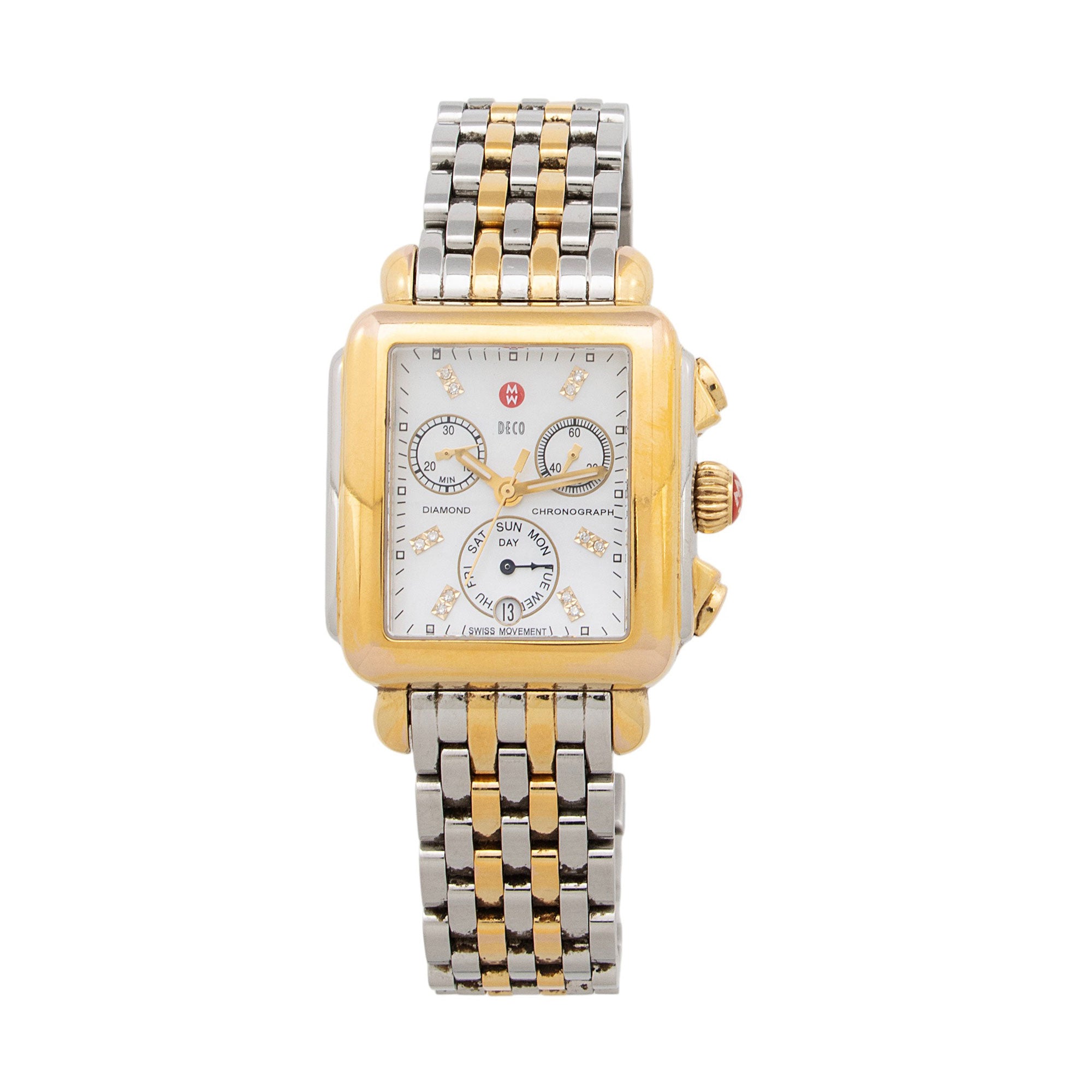 Michele Stainless Steel 18k Gold Diamond Chronograph Deco Watch