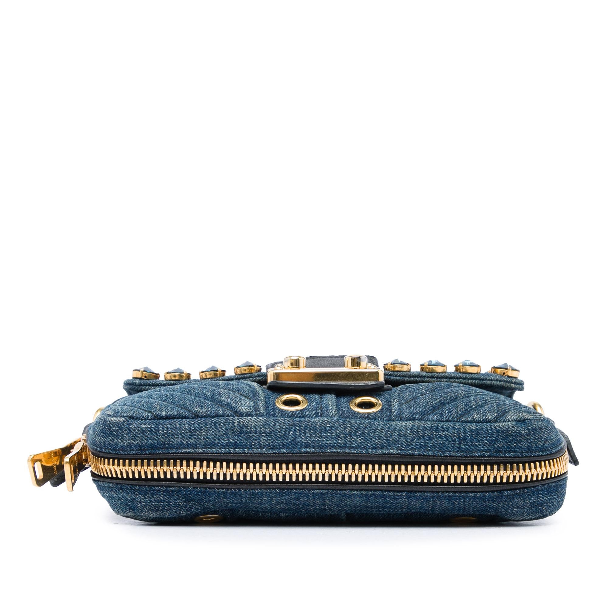Miu Miu Denim Grommet and Crystal Embellished Biker Crossbody