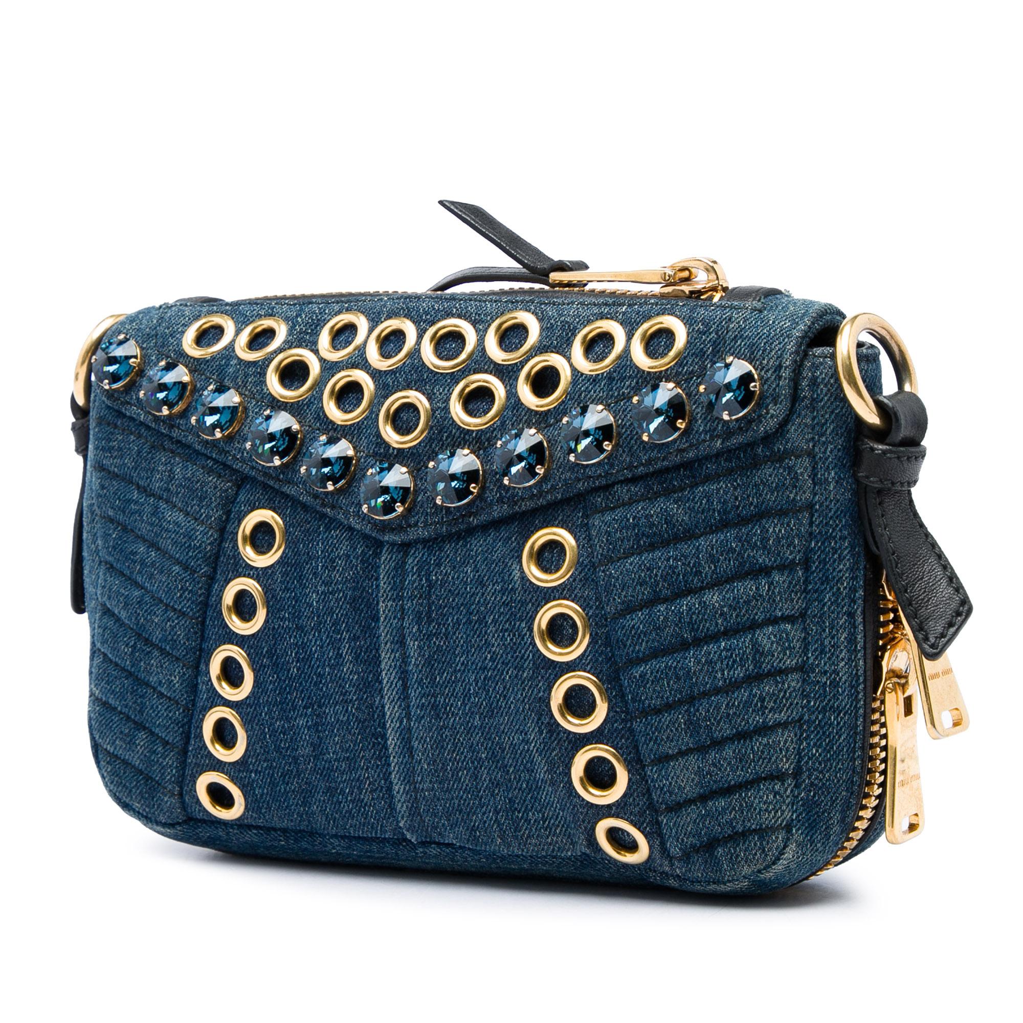 Miu Miu Denim Grommet and Crystal Embellished Biker Crossbody
