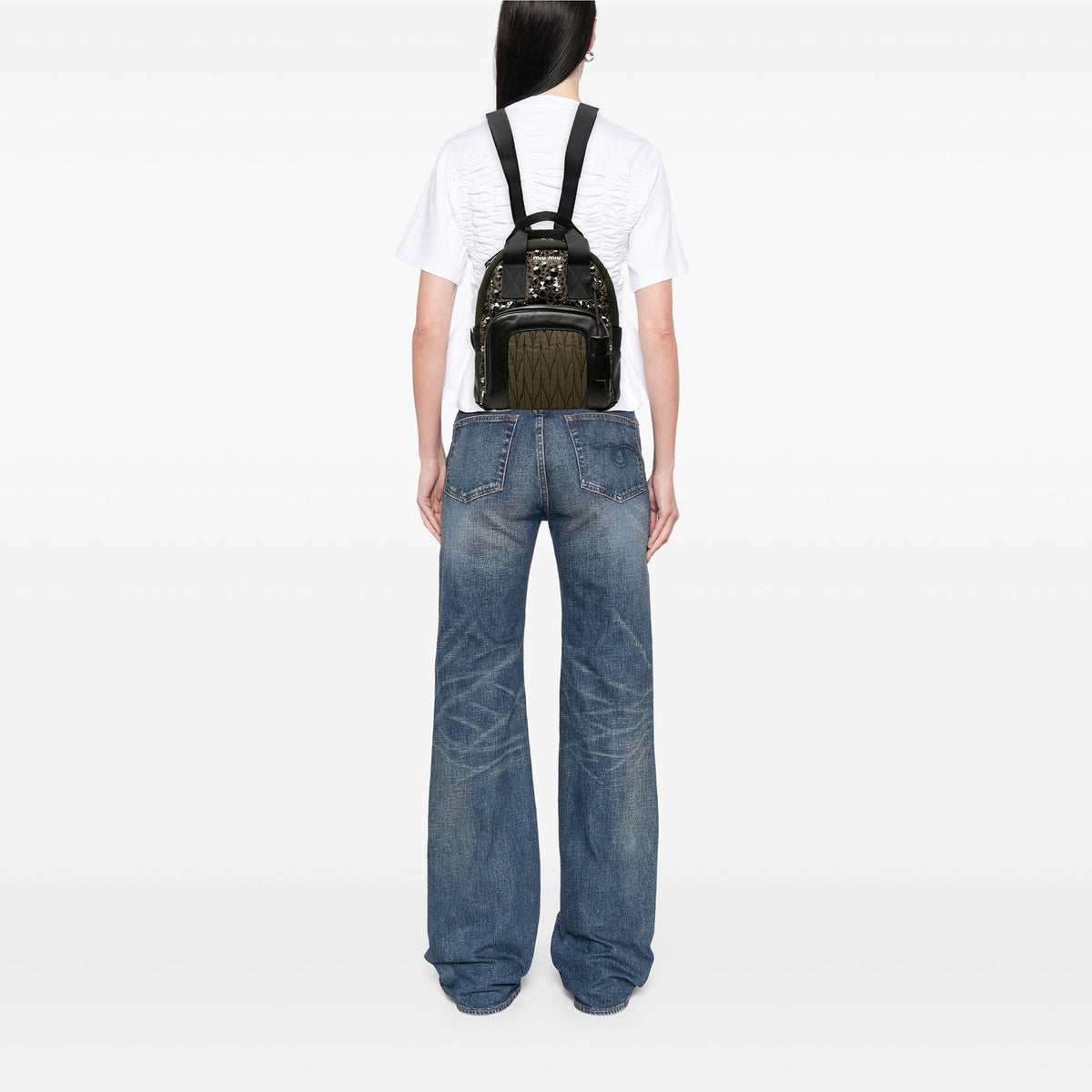 Miu Miu Leather Trimmed Crystal Embellished Matelasse Nylon Backpack