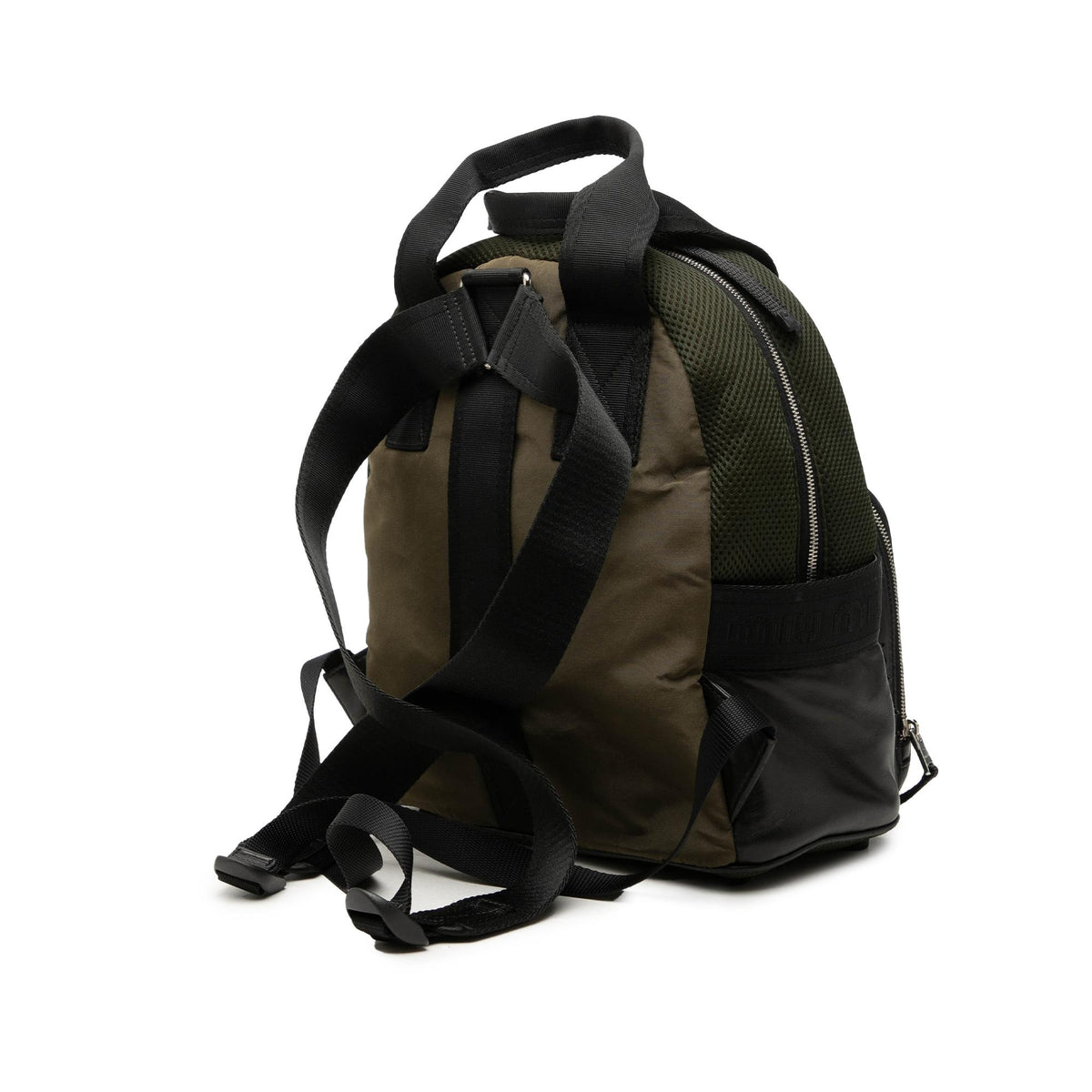 Miu Miu Leather Trimmed Crystal Embellished Matelasse Nylon Backpack