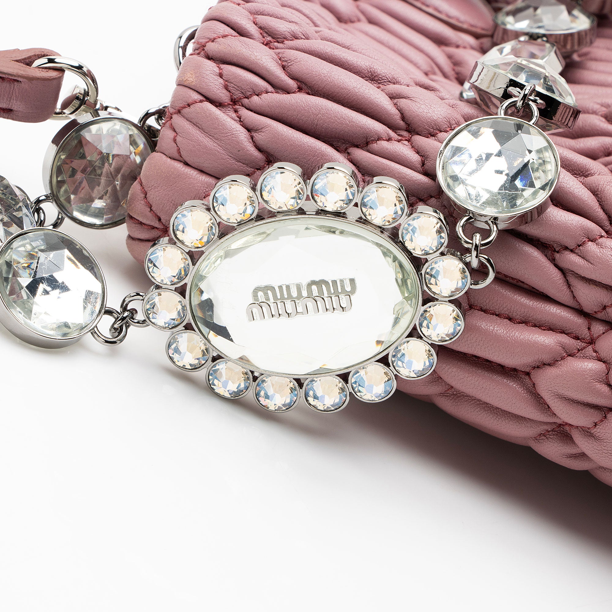 Miu Miu Matelasse Leather Crystal Chain Tote (SHF-8t8m1z)
