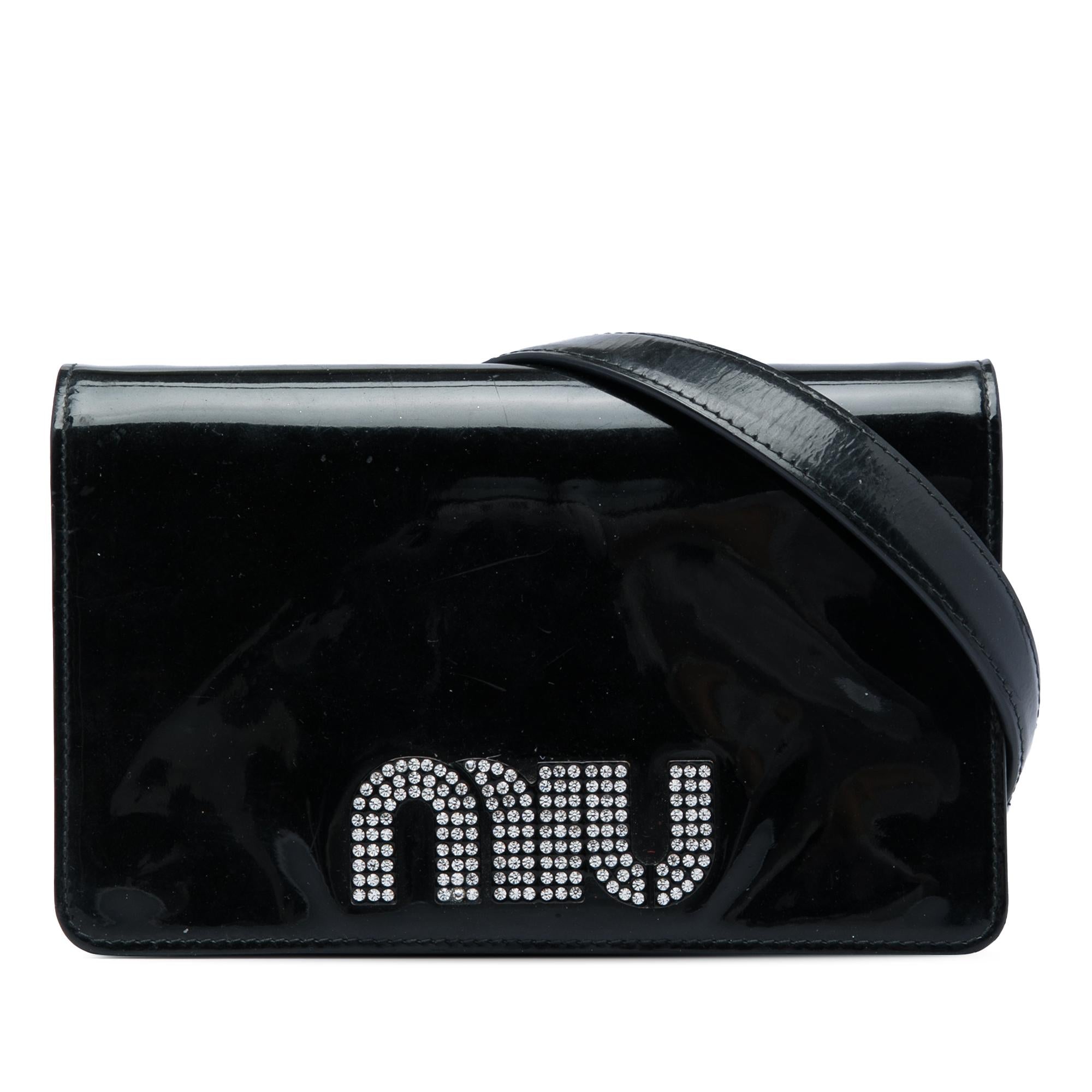 Miu Miu Patent Crystal Embellished Logo Wallet On Chain