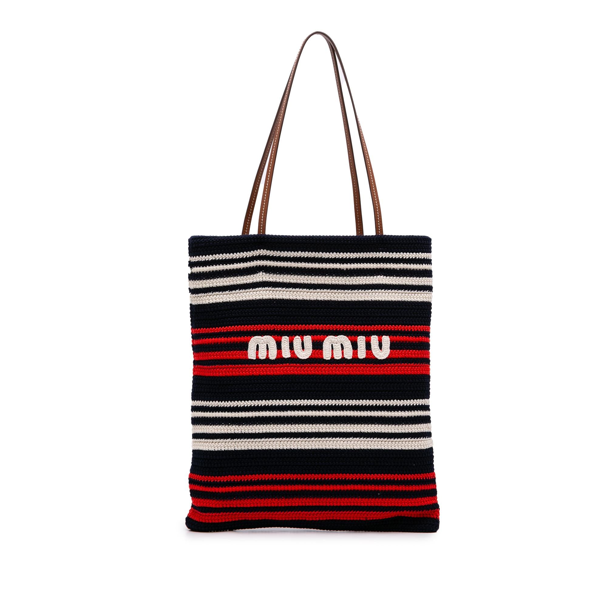 Miu Miu Tricolor Cotton Crochet Logo Striped Vertical Tote