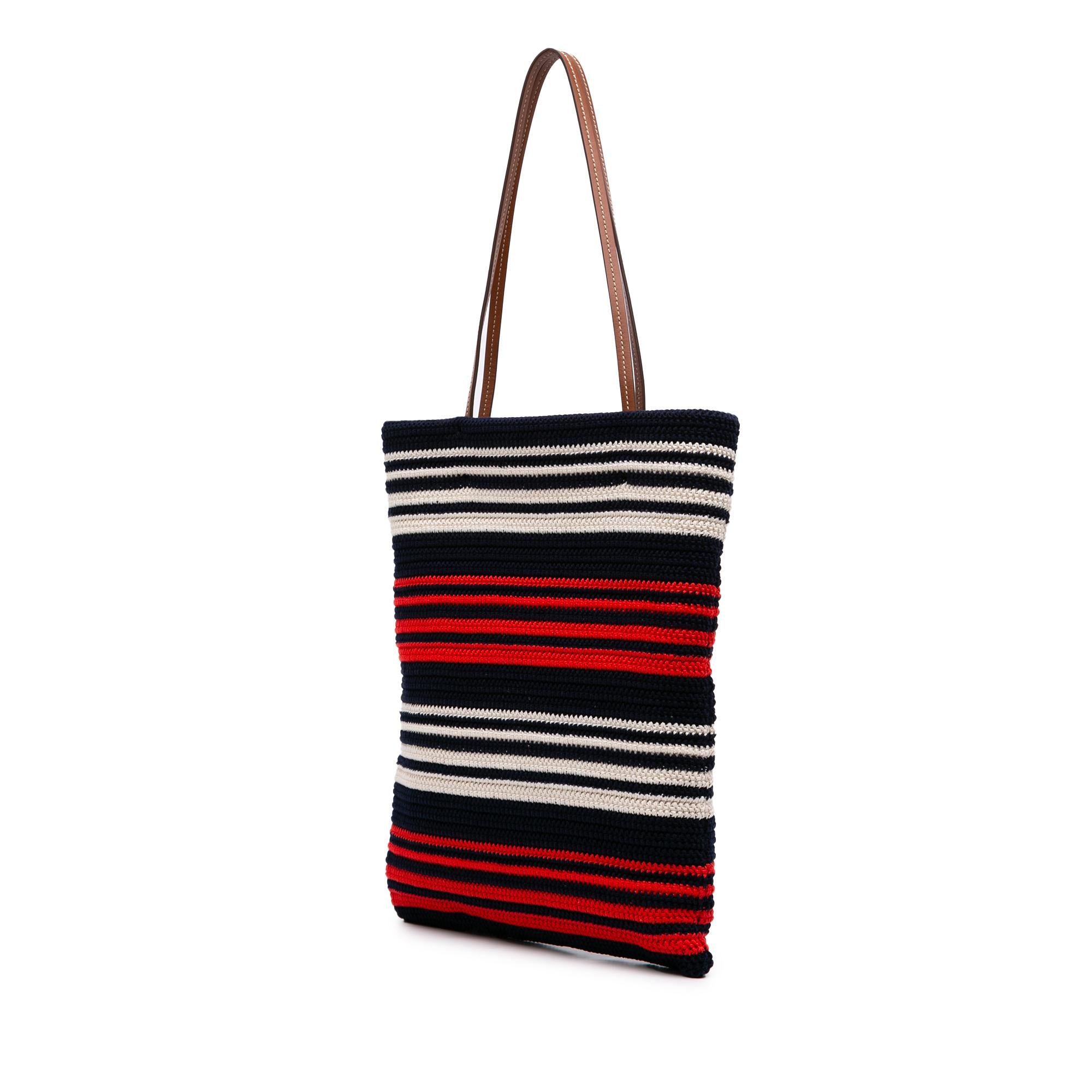 Miu Miu Tricolor Cotton Crochet Logo Striped Vertical Tote