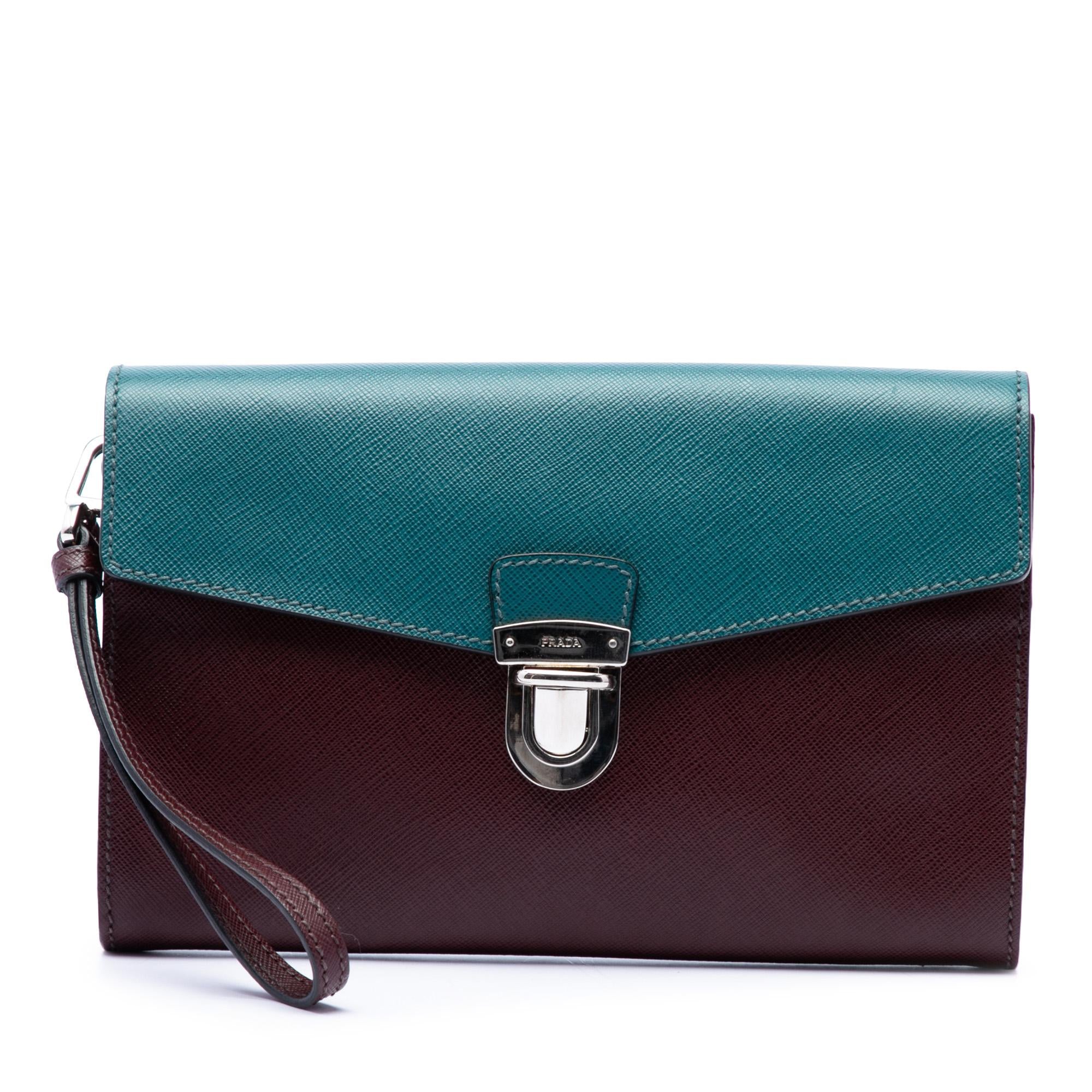 Prada Bicolor Saffiano Envelope Push Lock Clutch