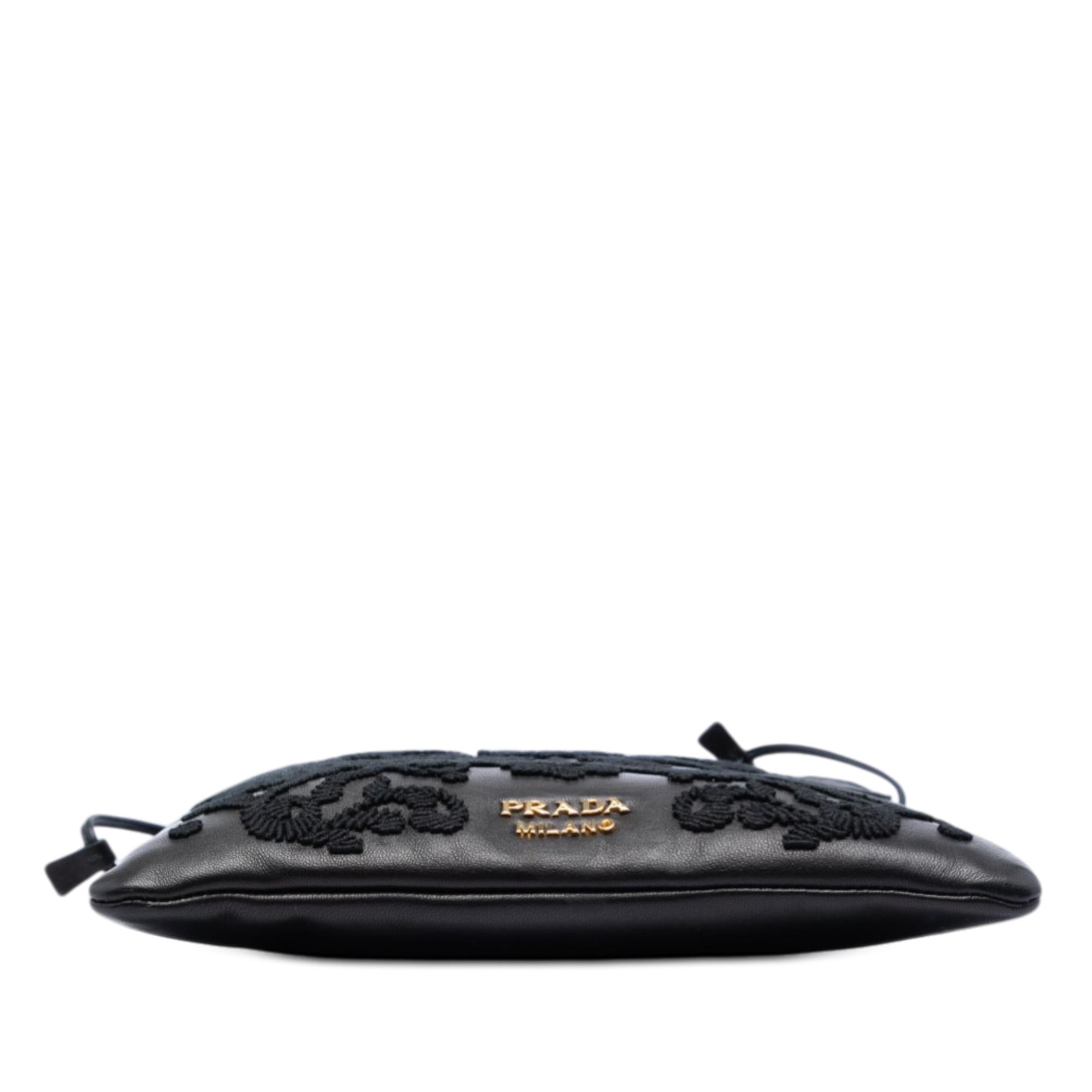 Prada Embroidered Leather Drawstring Pouch