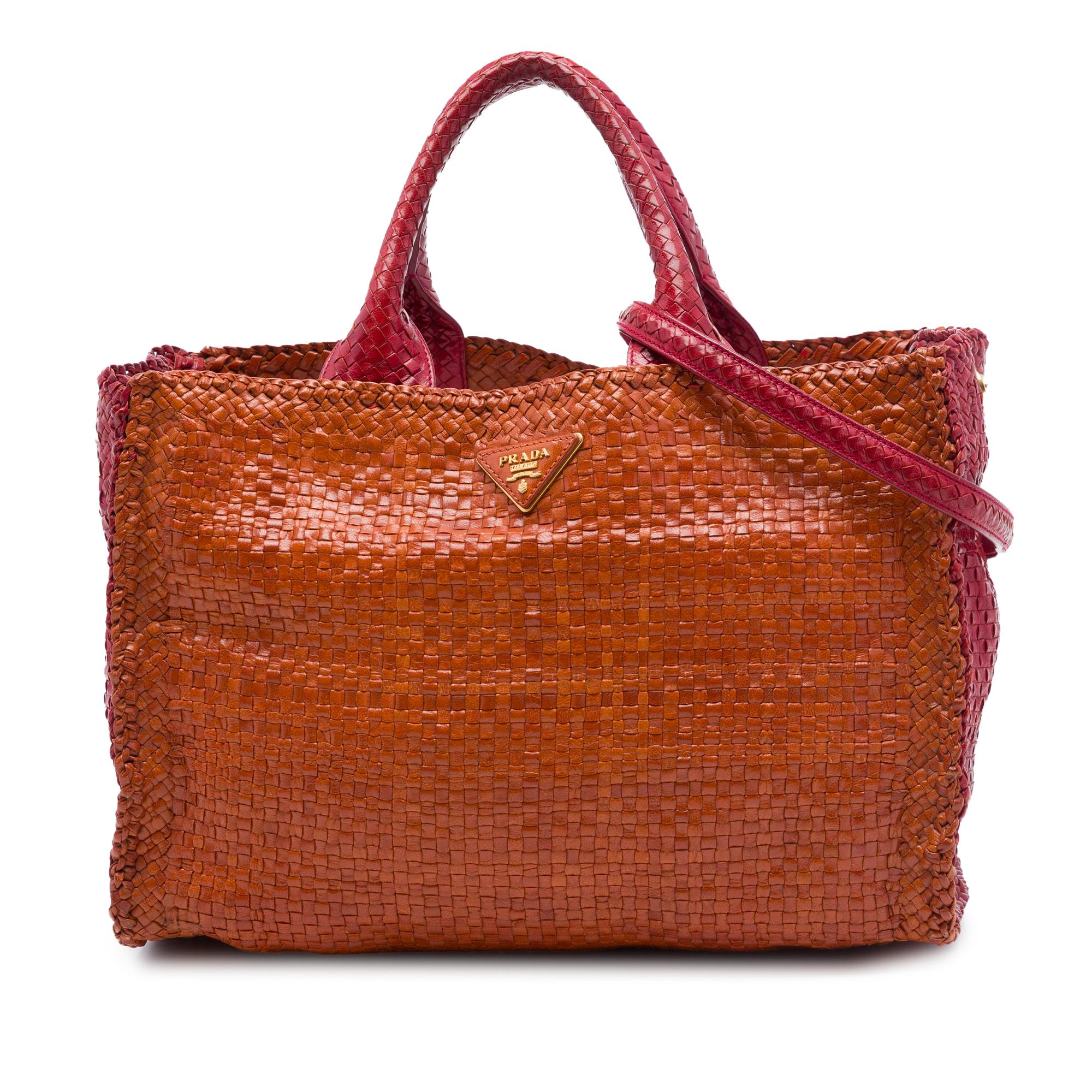 Prada Medium Bicolor Woven Goatskin Madras Shopping Tote