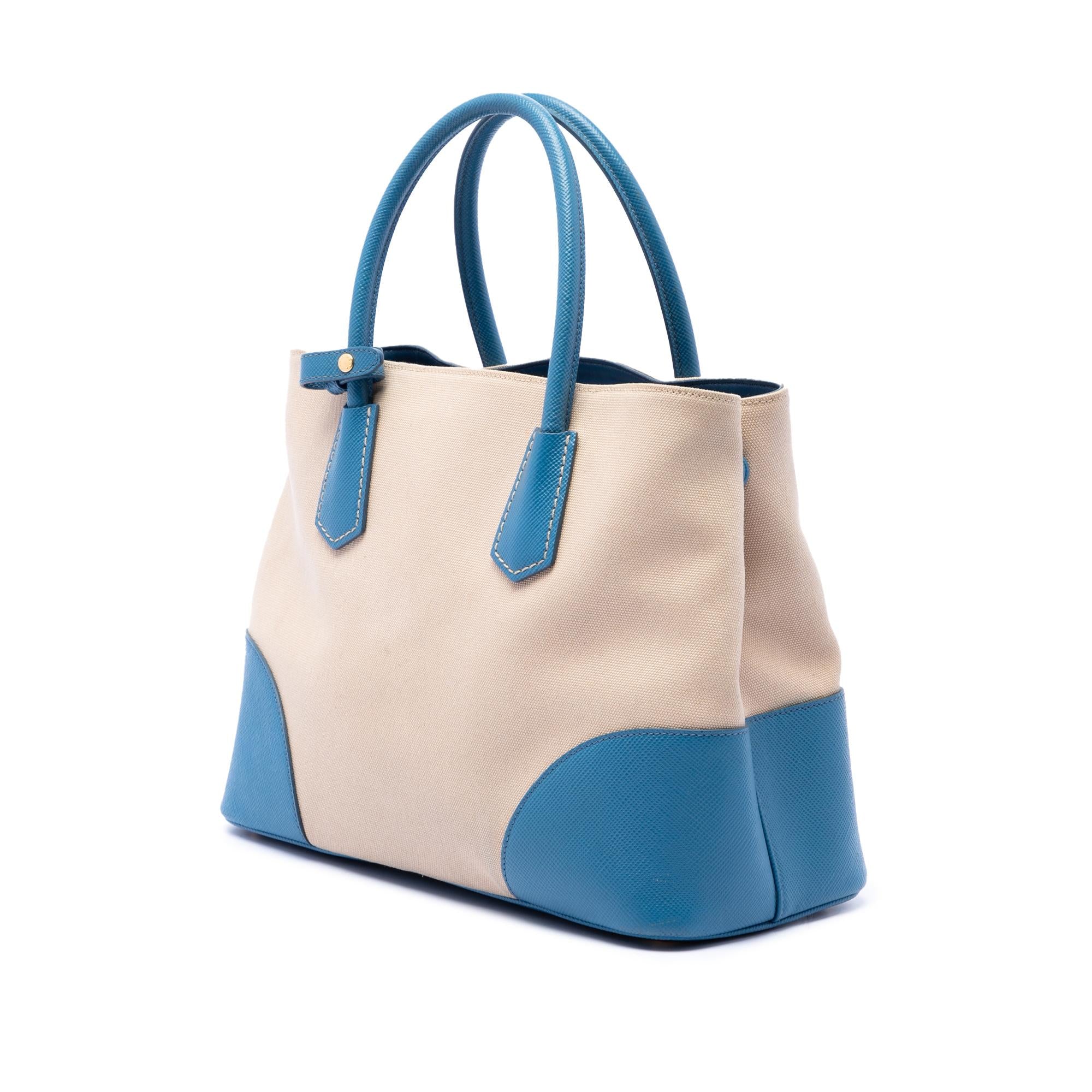 Prada Medium Saffiano Cuir Trimmed Canvas Double Satchel