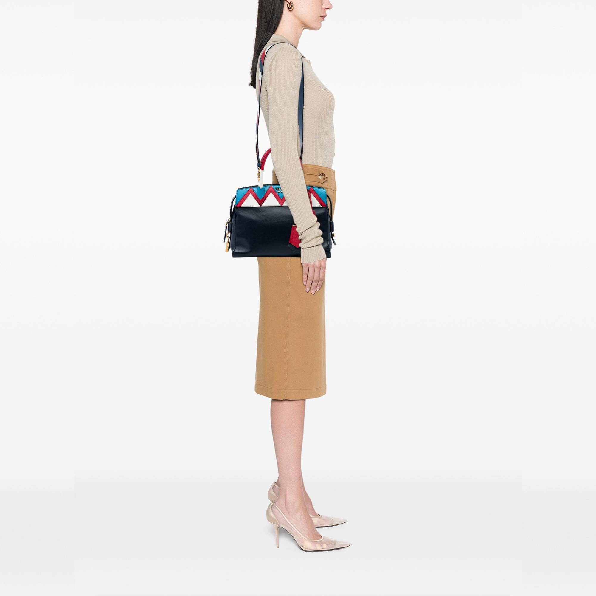 Prada Medium Saffiano Trimmed City Calf Greca Esplanade Satchel