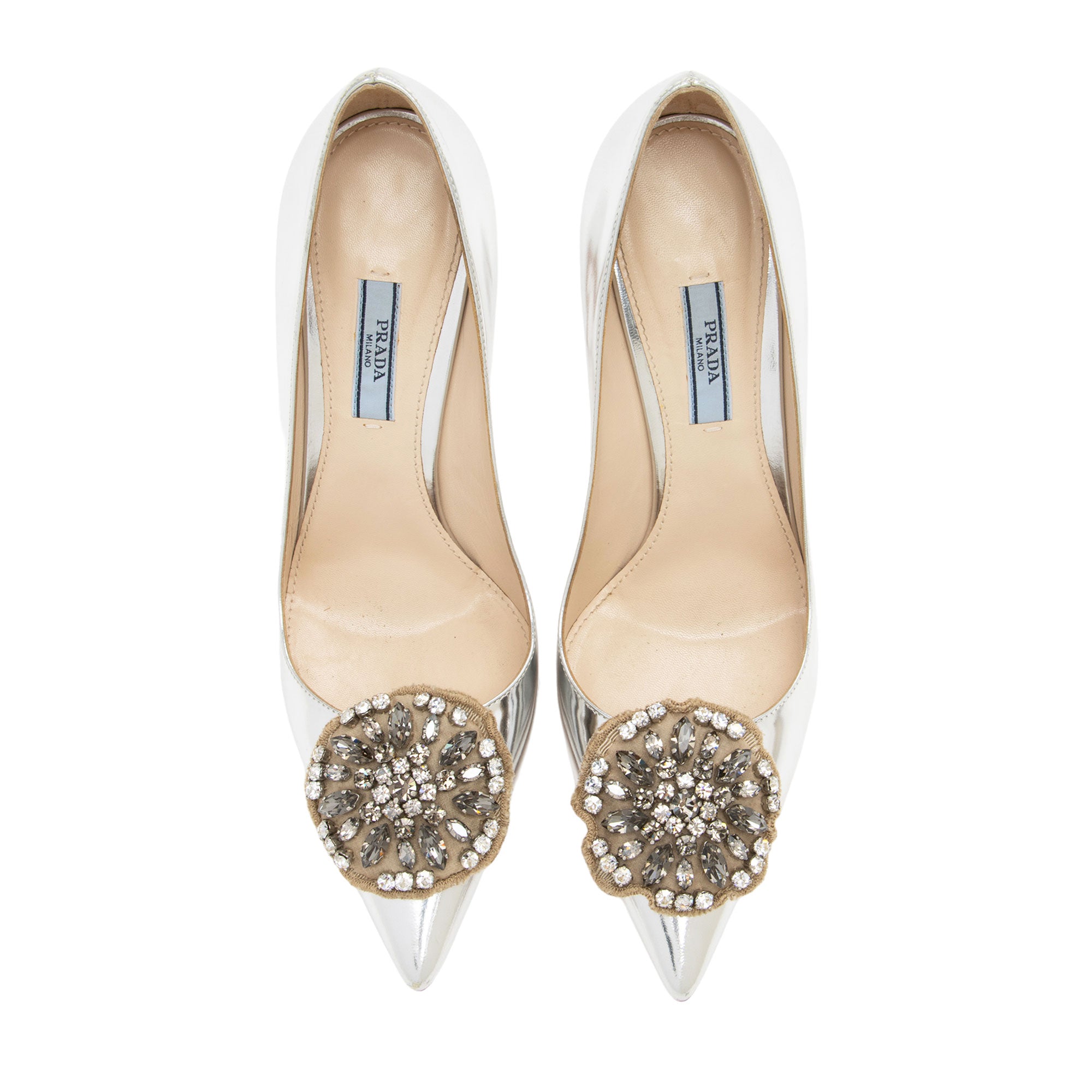 Prada Metallic Leather Crystal Medallion 110mm Pumps - Size 9.5 / 39.5 (SHF-0sKFv4)