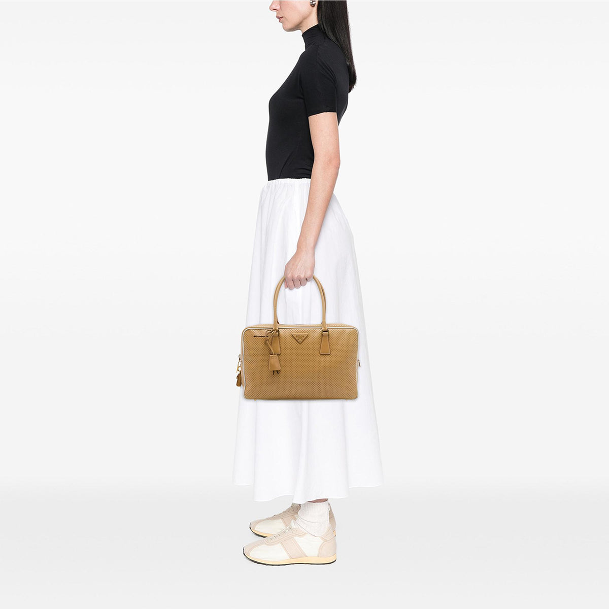 Prada Perforated Saffiano Lux Bauletto Top Handle Bag