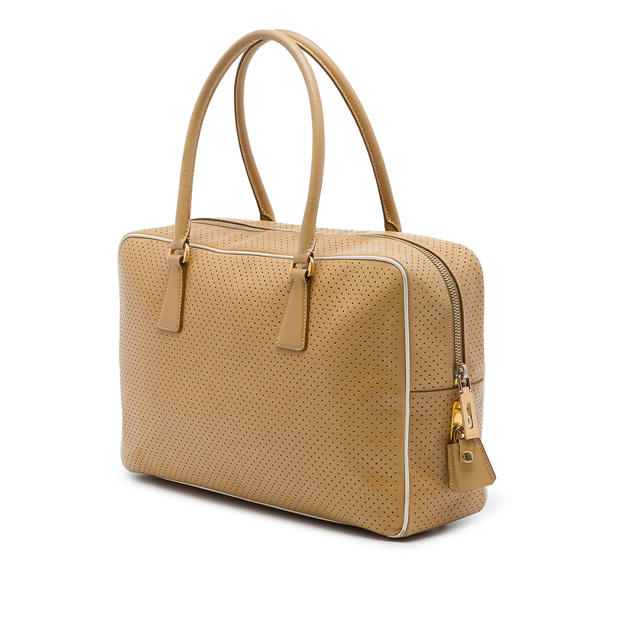 Prada Perforated Saffiano Lux Bauletto Top Handle Bag