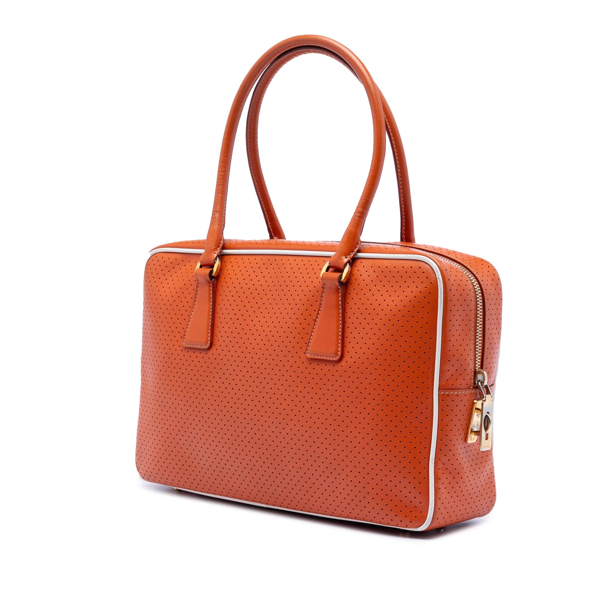 Prada Perforated Vitello Drive Leather Bauletto Top Handle Bag